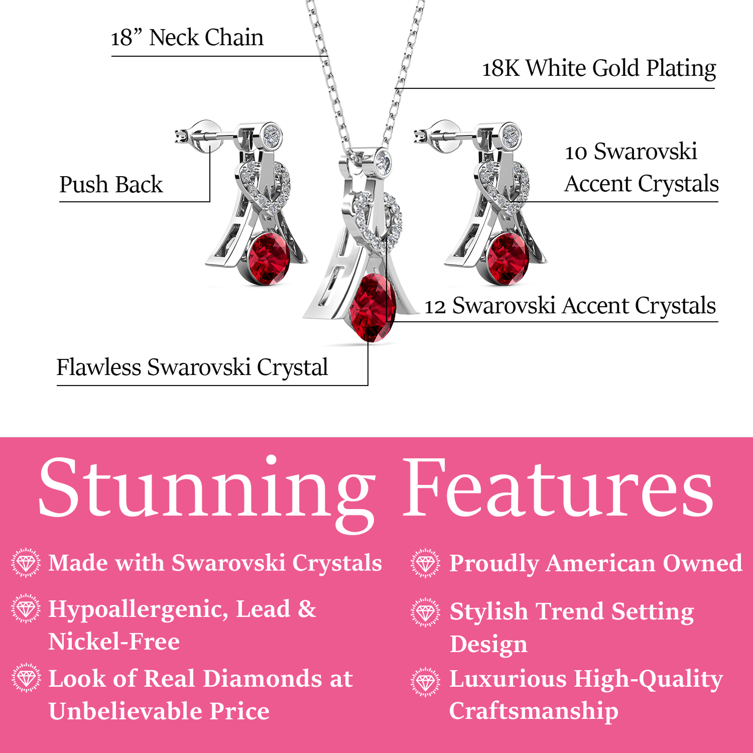 Serenity Birthstone 18k White Gold Plated Drop Earrings and Necklace Set with Swarovski Crystals