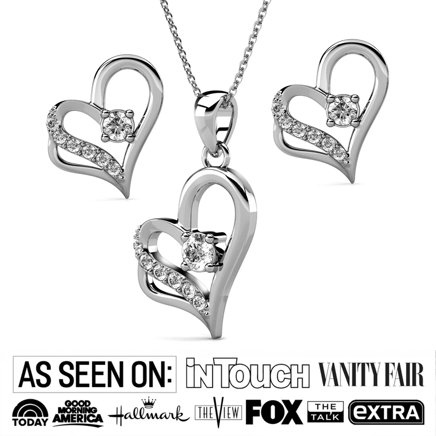 Kara 18k White Gold Plated Silver Heart Necklace and Earring Set with Swarovski Crystals