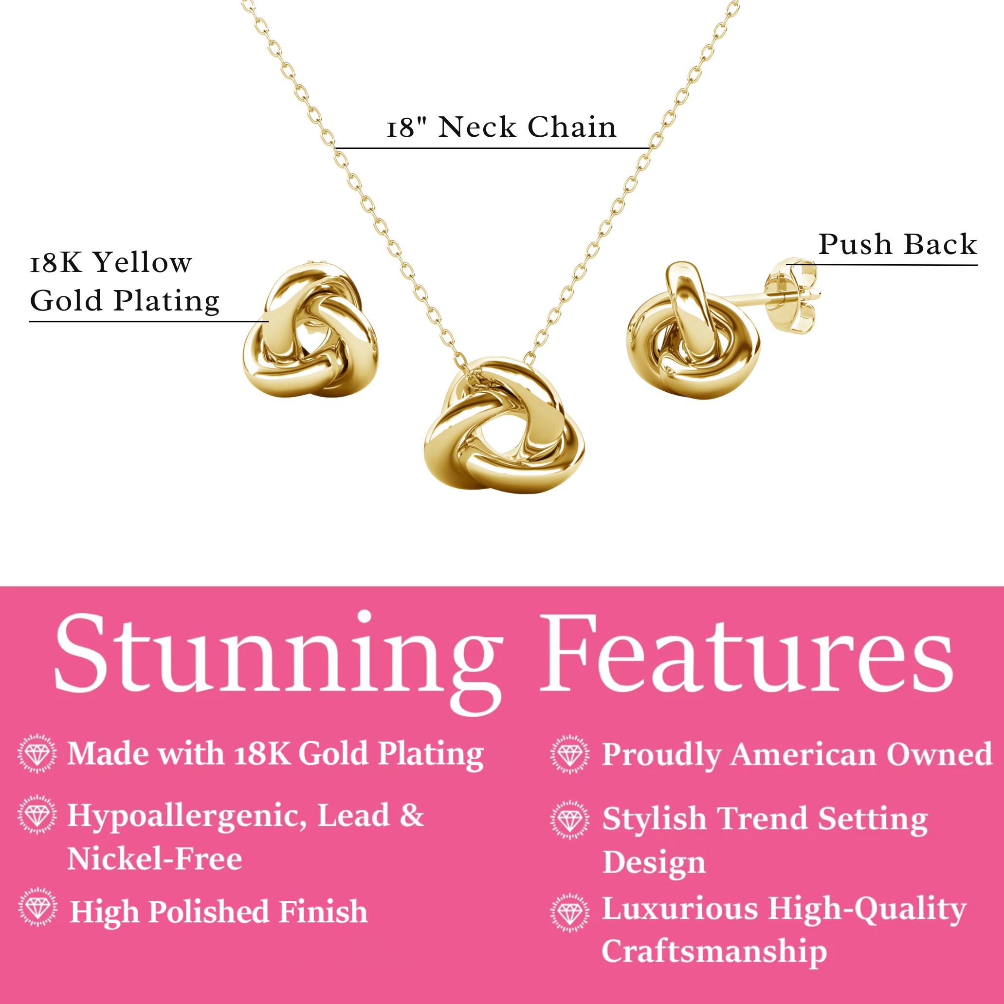 Ashley 18k White Gold Plated Knot Earrings and Necklace Jewelry Set