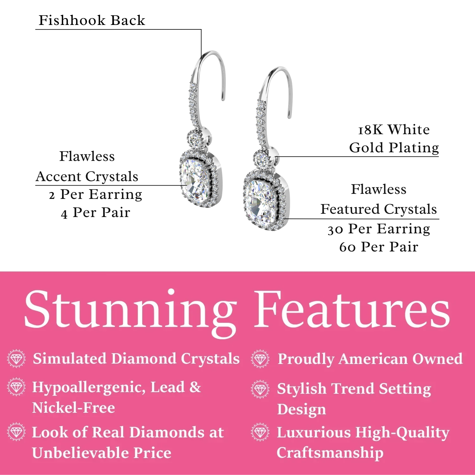 Aretes colgantes con halo chapado en oro blanco de 18 k Athena con cristales de circonita colgantes