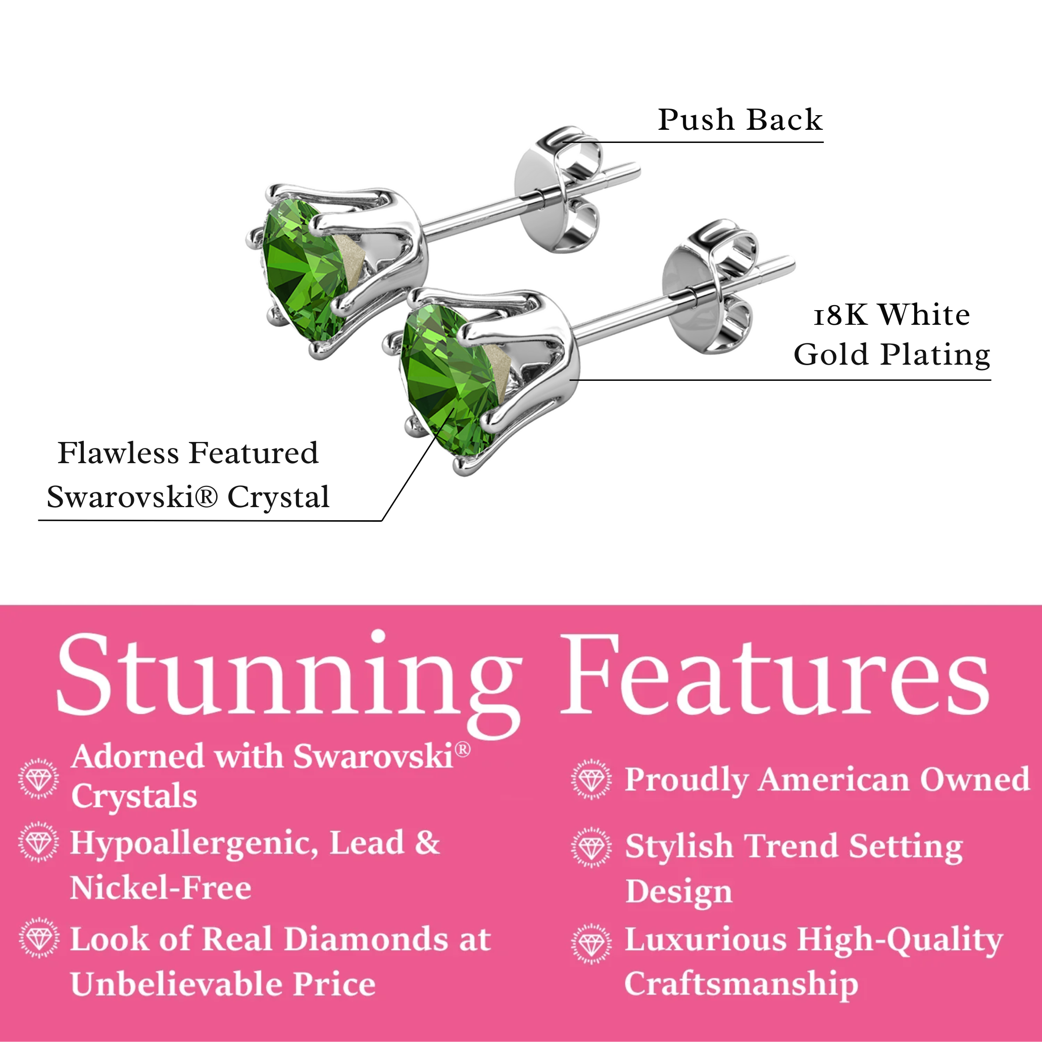Birthstone Earrings 18k White Gold Plated Stud Earrings with 1ct Solitaire Swarovski Crystals