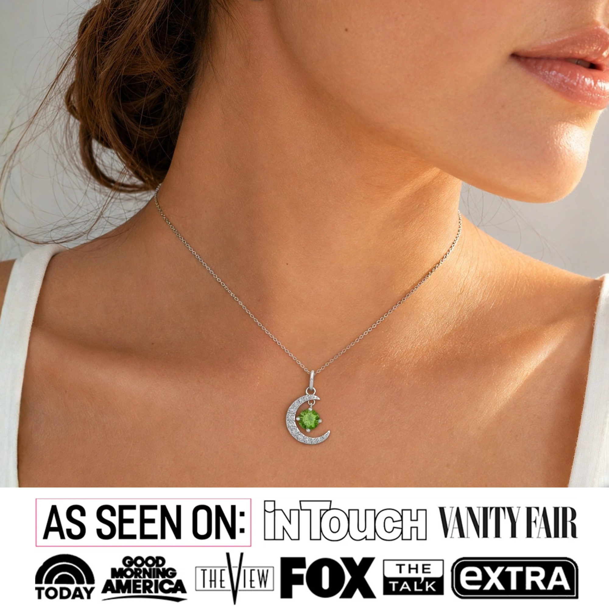 Luna Birthstone Necklace 18k White Gold Plated Crescent Pendant Necklace with Round Cut Swarovski Crystals