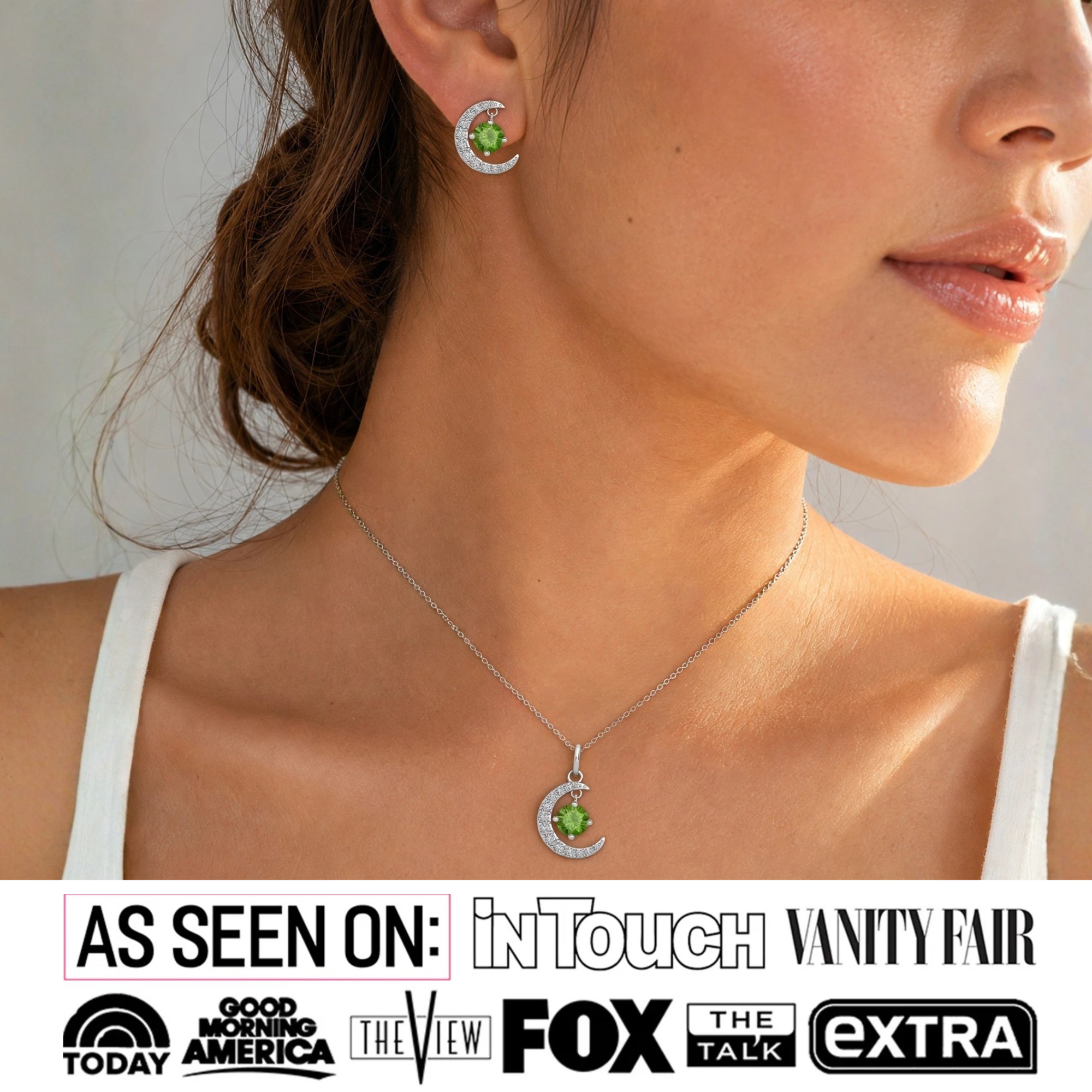 Luna Birthstone 18k White Gold Plated Silver Crescent Earrings and Necklace Set with Swarovski Crystals