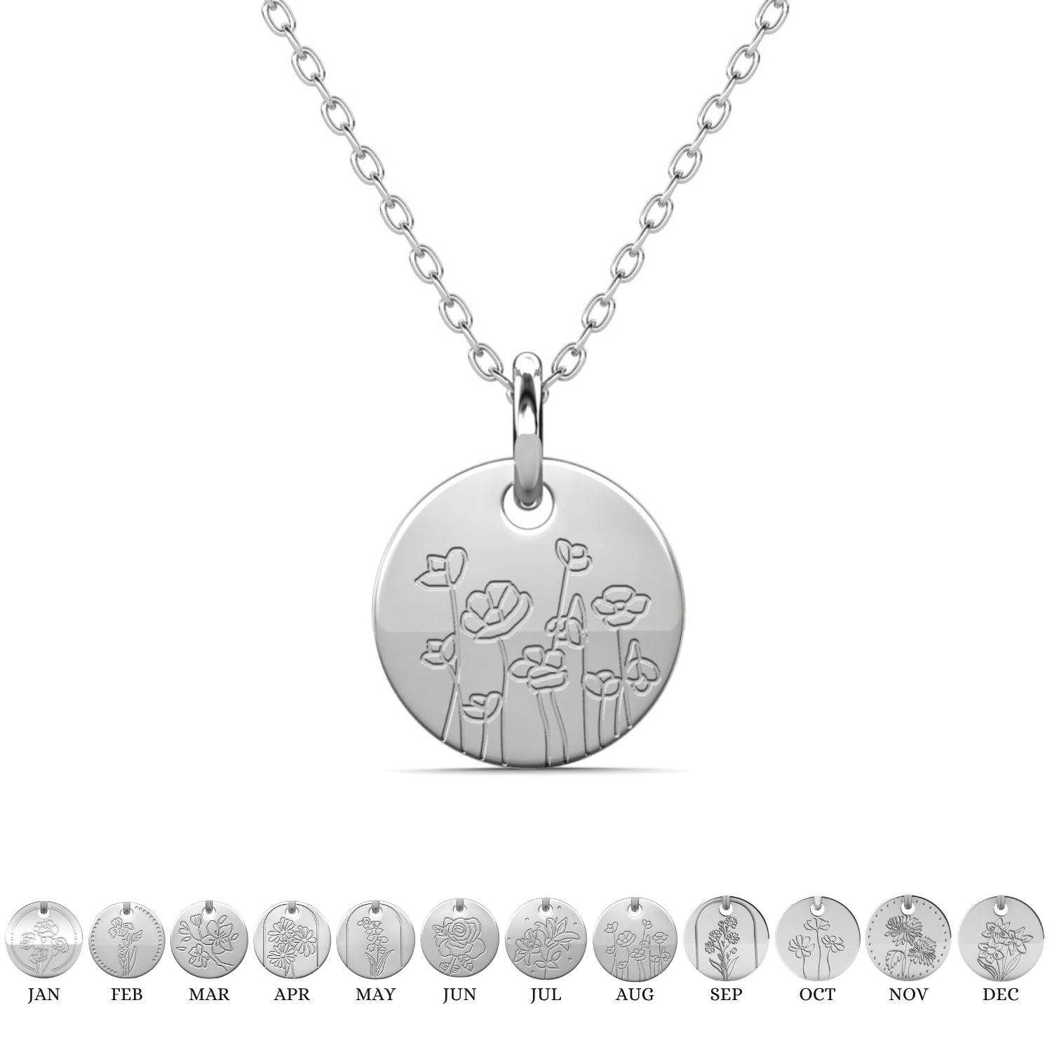 Floral 18k White Gold Plated Engraved Birth Month Flower Pendant Necklace