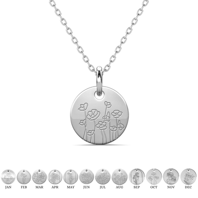 Floral 18k White Gold Plated Engraved Birth Month Flower Pendant Necklace - August - Poppy