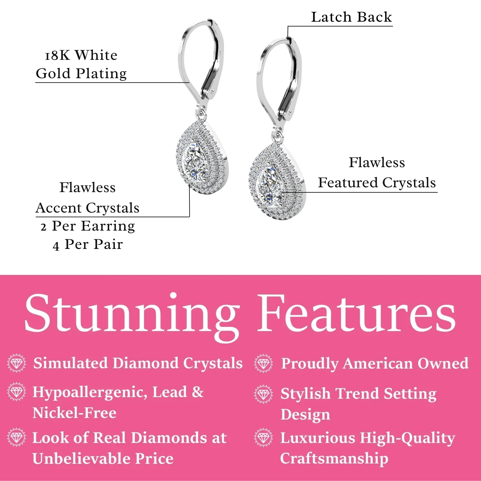 Aurelia 18k White Gold Plated Tear Drop Earrings with Simulated Diamond Crystals