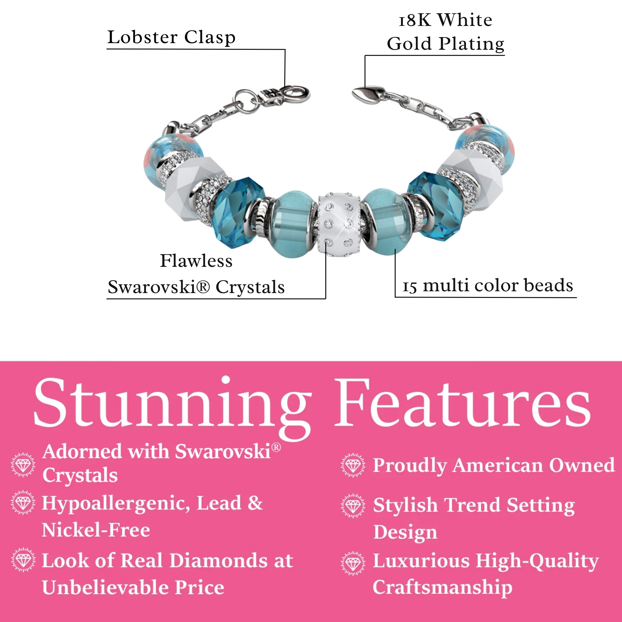 Aurora 18k White Gold Plated Beaded Bracelet with Swarovski Crystals