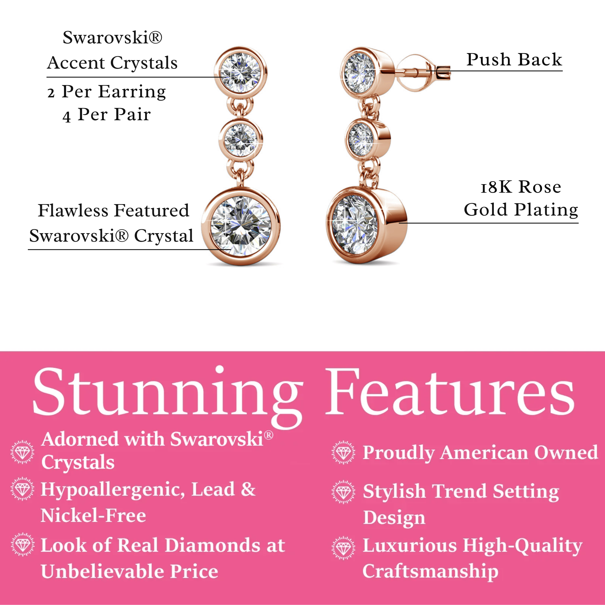 Bailey 18k White Gold Plated Dangle Stud Earrings with Swarovski Crystals