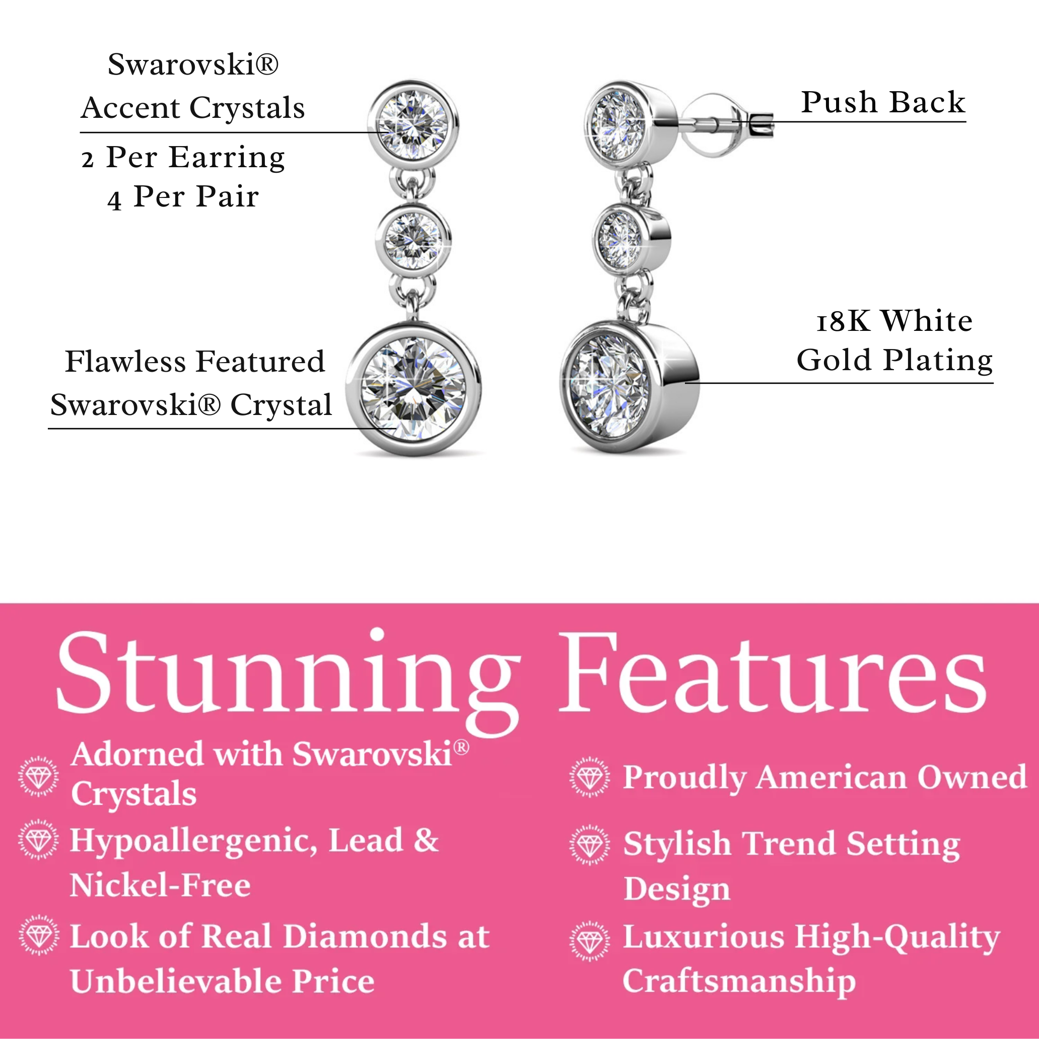 Bailey 18k White Gold Plated Dangle Stud Earrings with Swarovski Crystals