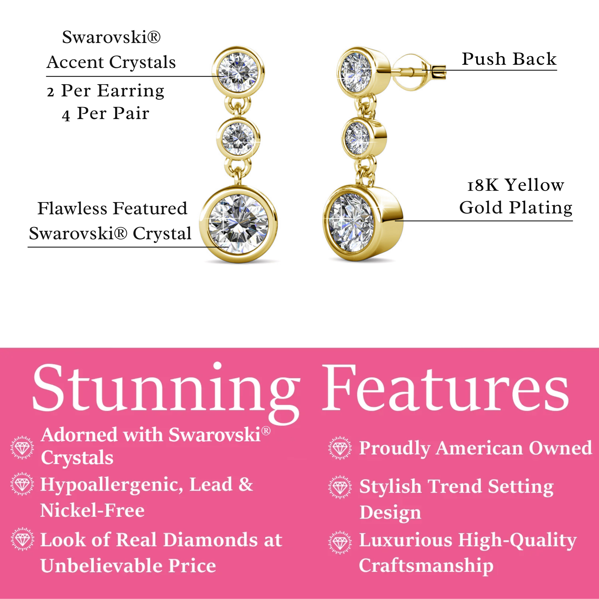 Bailey 18k White Gold Plated Dangle Stud Earrings with Swarovski Crystals