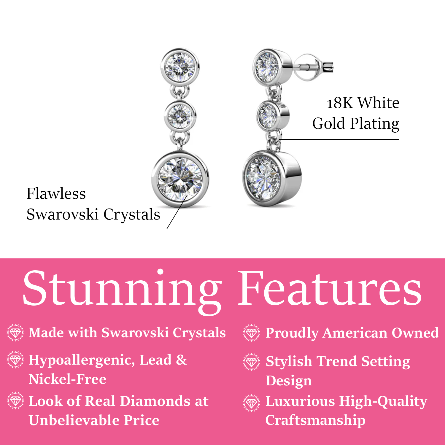 Bailey 18k White Gold Plated Dangle Stud Earrings with Swarovski Crystals