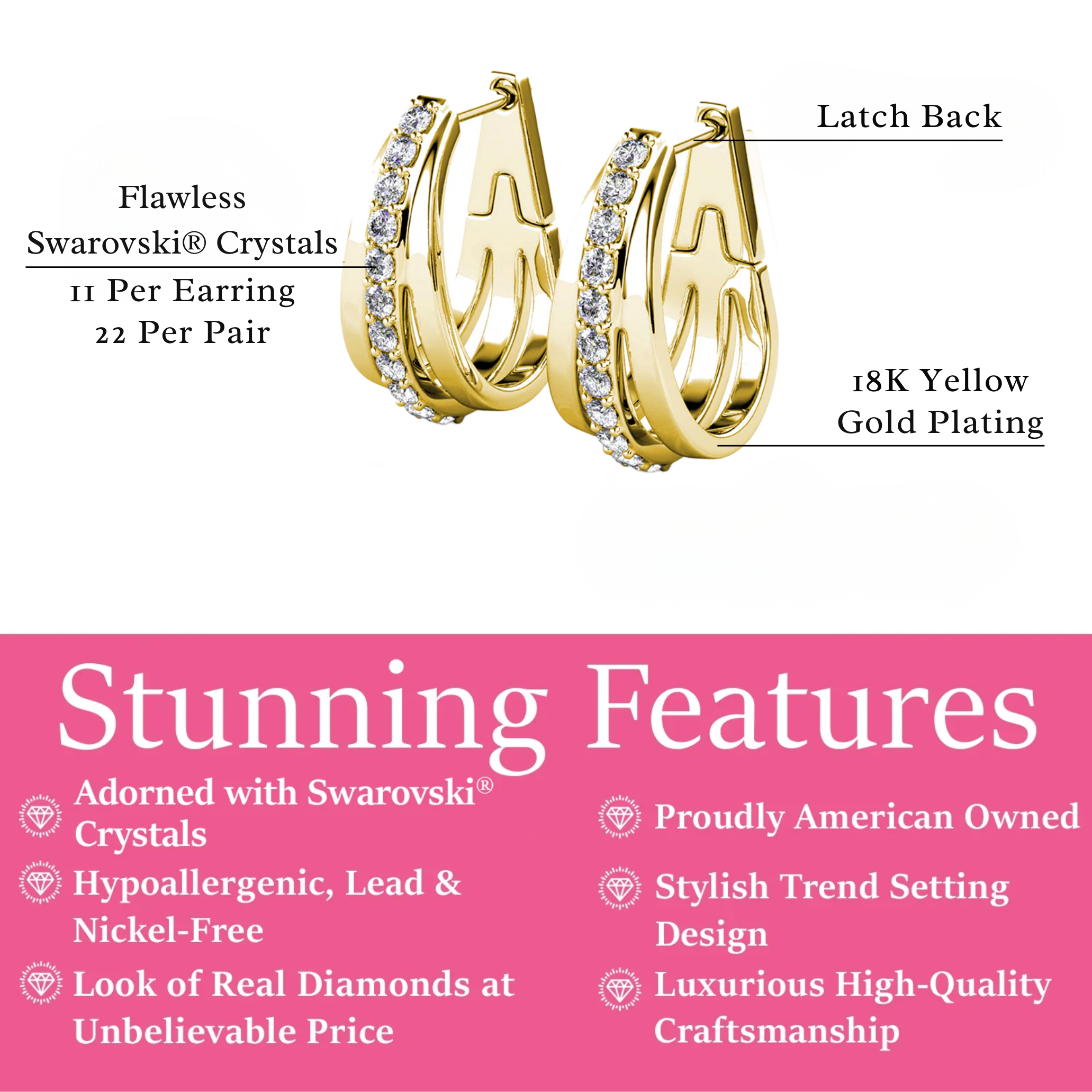 Bella 18k White Gold Plated 17mm Hoop Earrings with Swarovski Crystals