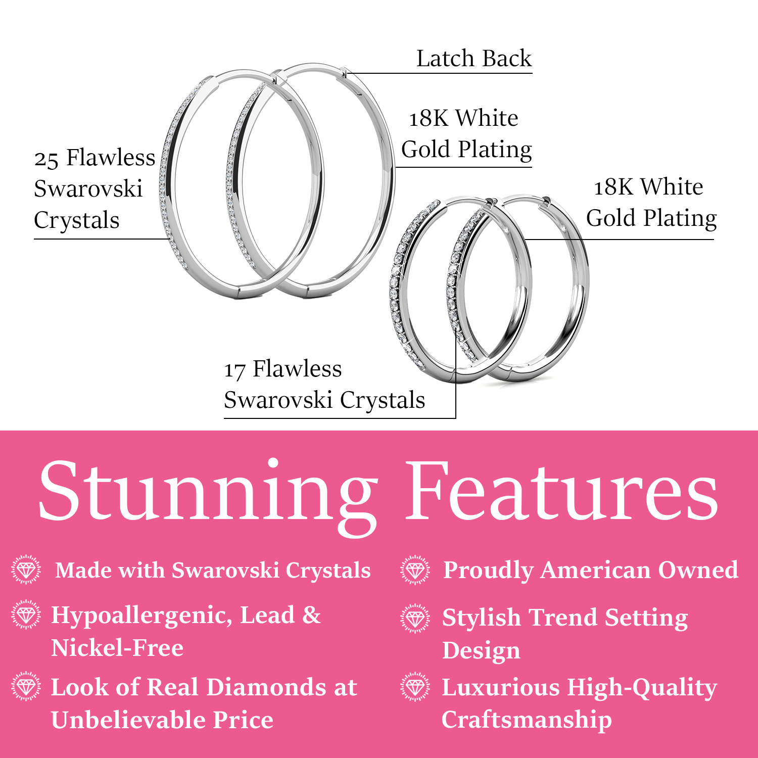 Cate & Chloe Earrings Pack of 2 - Bianca, Leslie 18k White Gold Plated Hoop Earrings