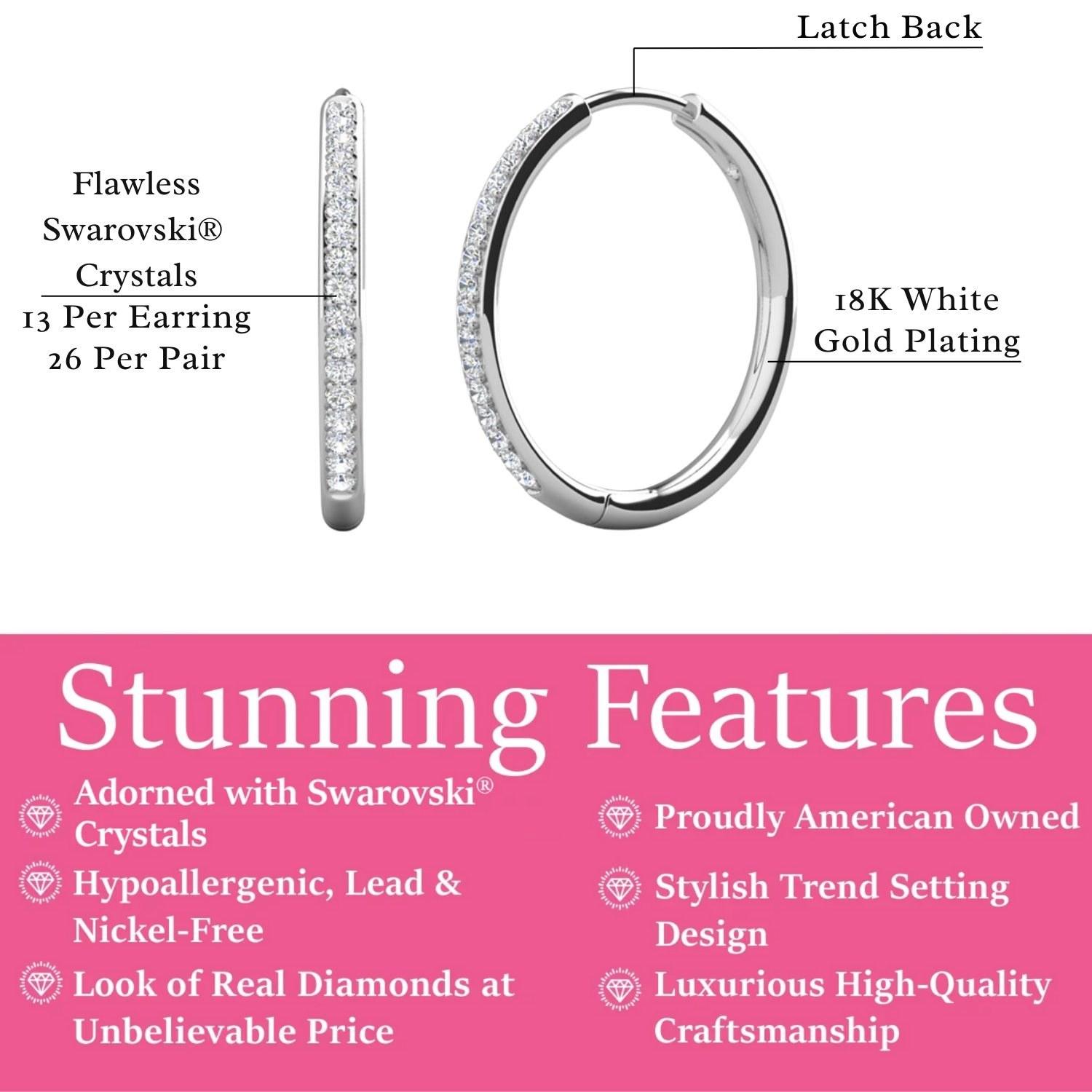 Bianca 18k White Gold Plated 25mm Silver Hoop Earrings with Swarovski Crystals