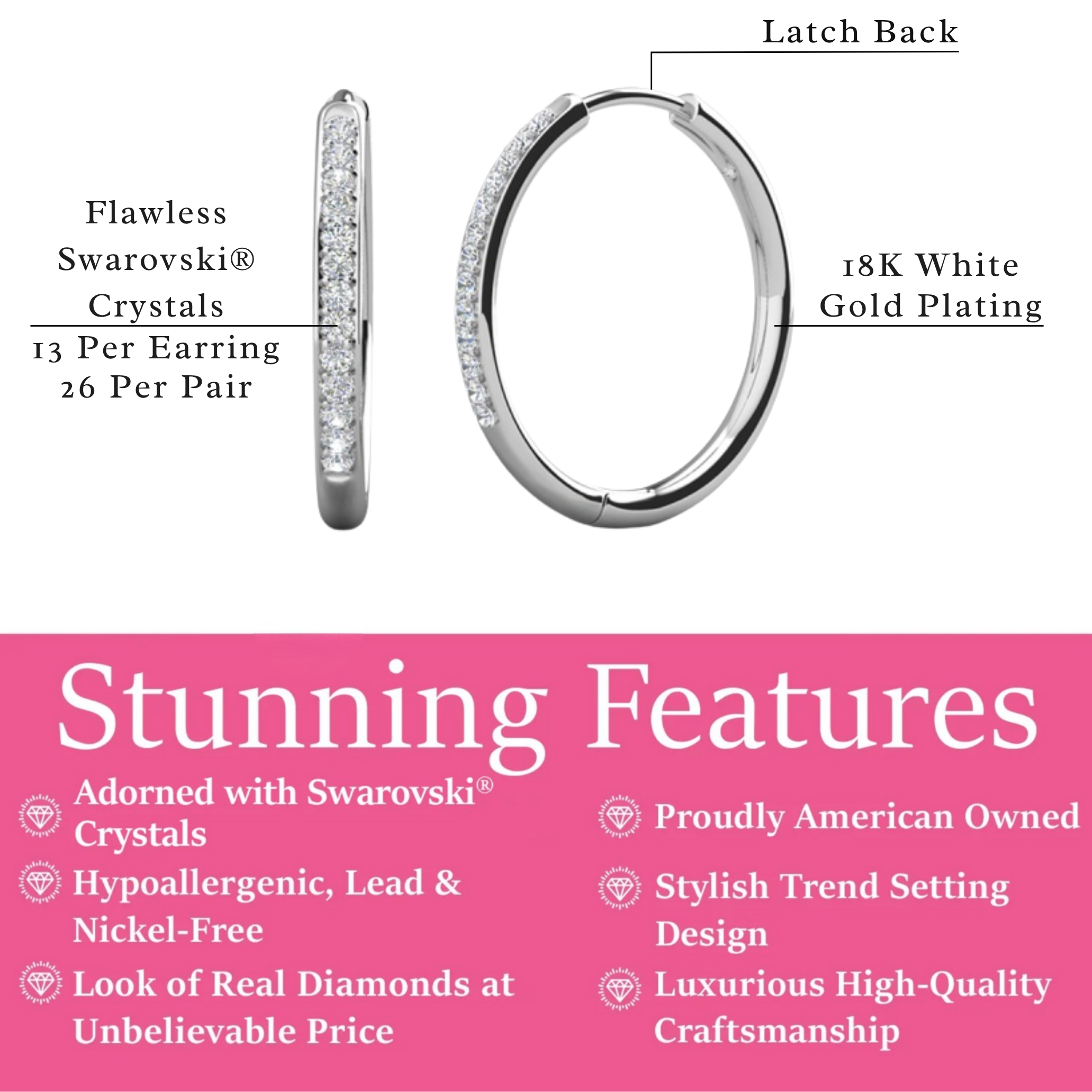 Bianca 18k White Gold Plated 25mm Silver Hoop Earrings with Swarovski Crystals