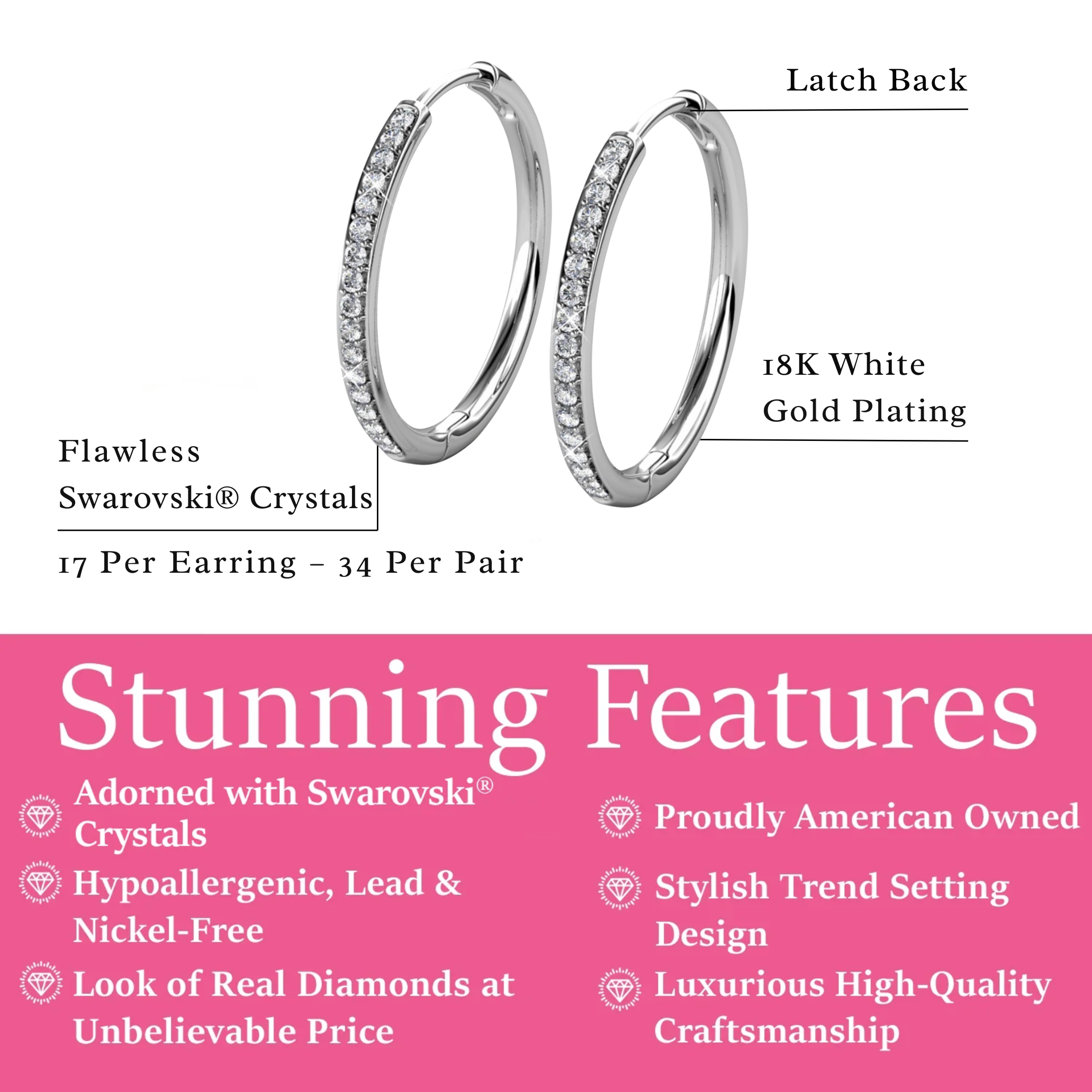Bianca 18k White Gold Plated 25mm Silver Hoop Earrings with Swarovski Crystals