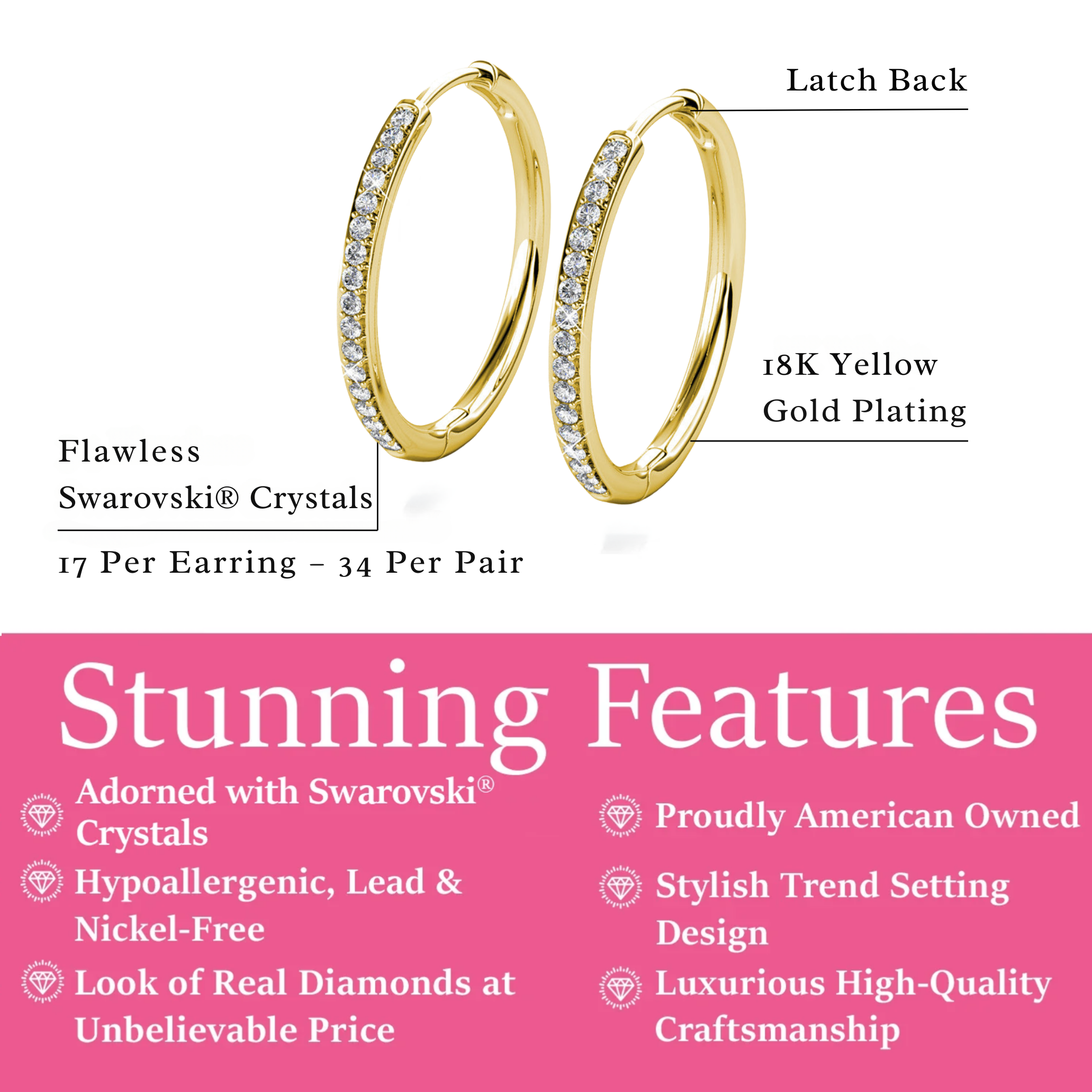 Bianca 18k White Gold Plated 25mm Silver Hoop Earrings with Swarovski Crystals