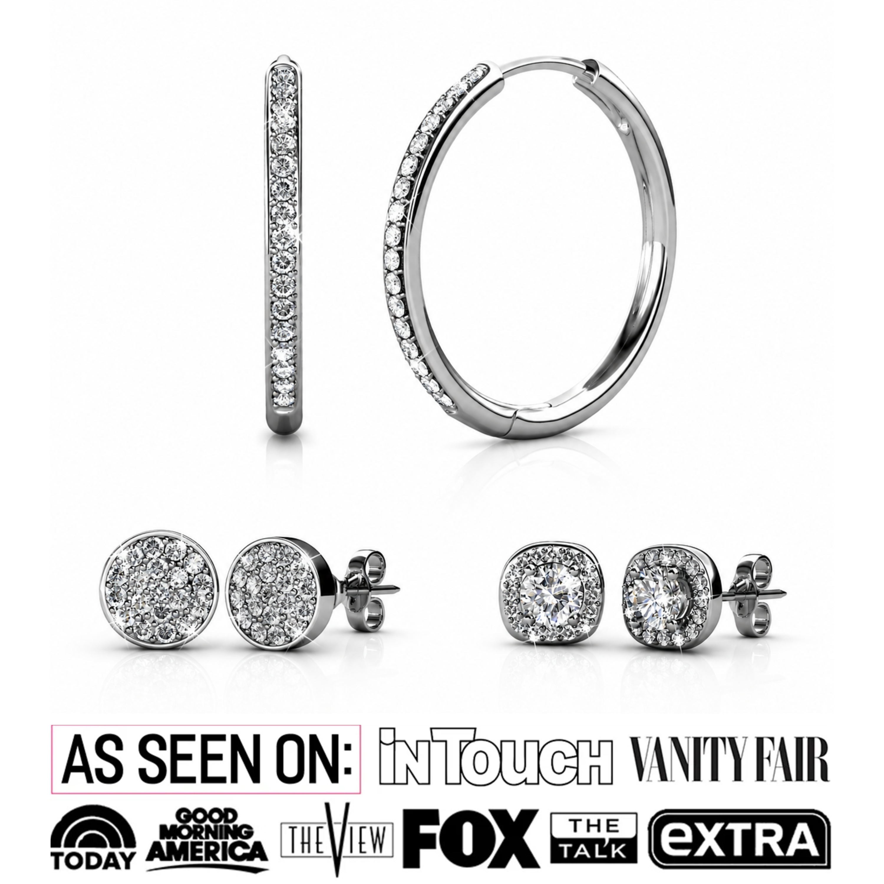 Bianca, Ruth, Nelly 18k White Gold Plated Earrings with Swarovski Crystals (3 Pair Set)