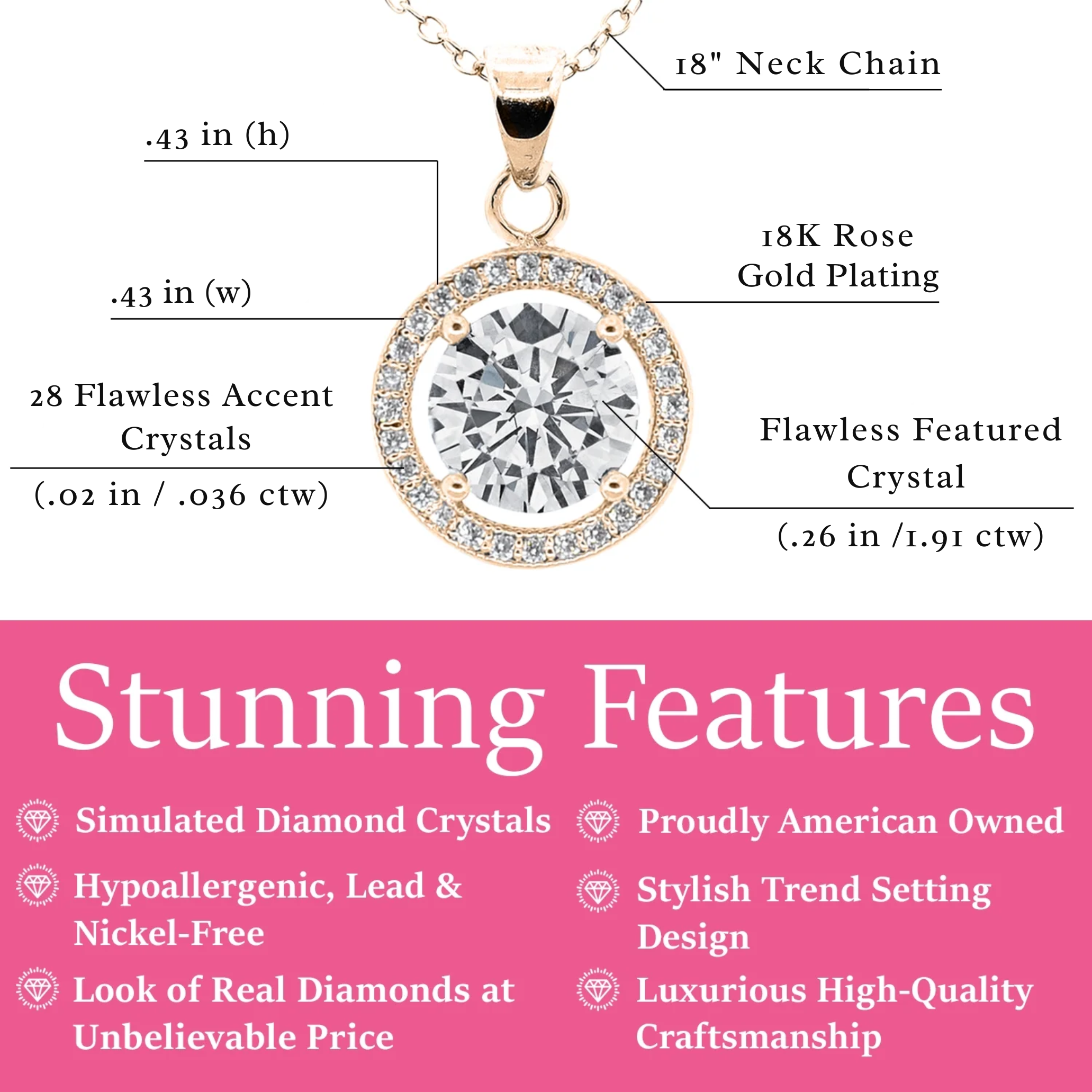 Blake 18k White Gold Plated Halo Pendant Necklace with Simulated Diamond Crystals