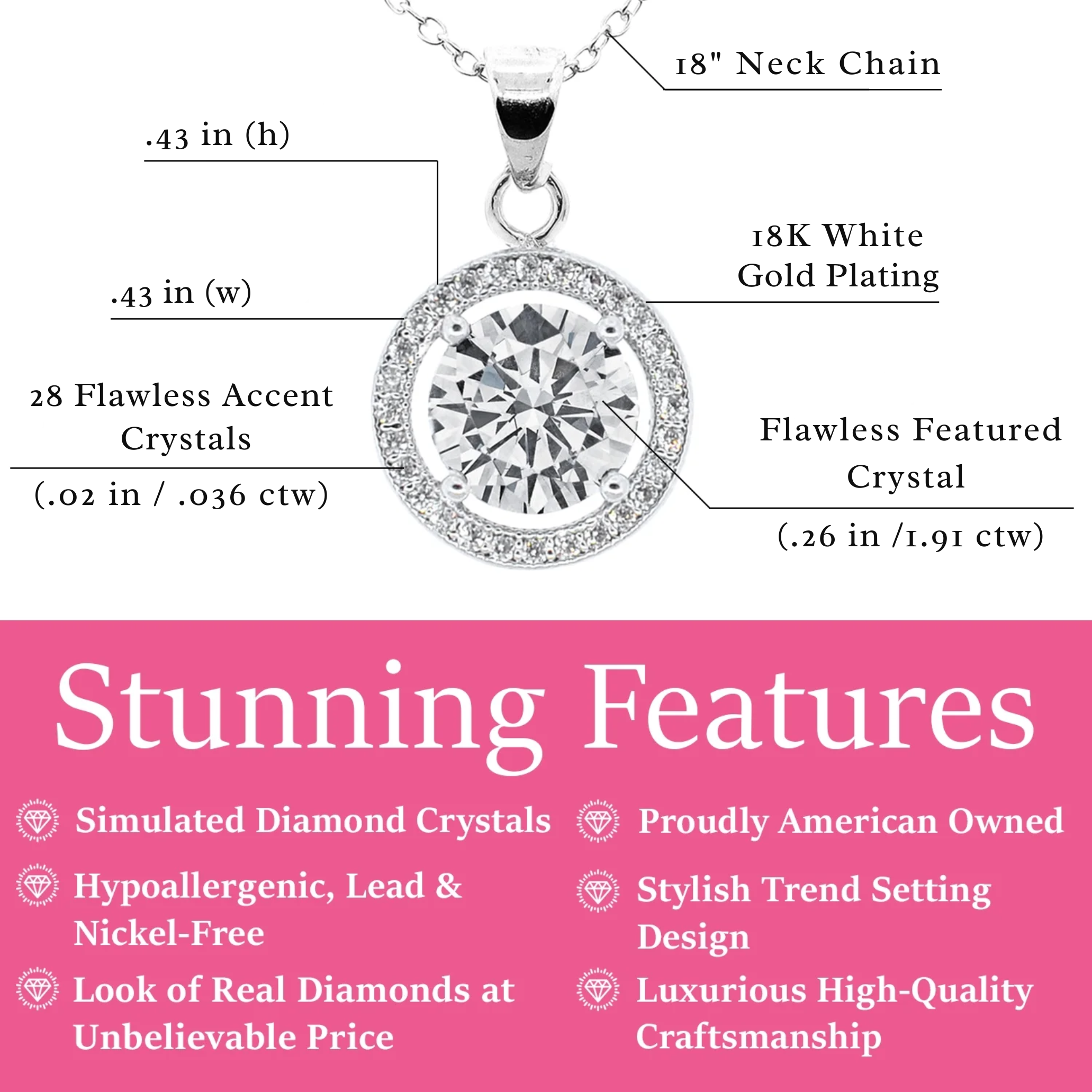 Blake 18k White Gold Plated Halo Pendant Necklace with Simulated Diamond Crystals