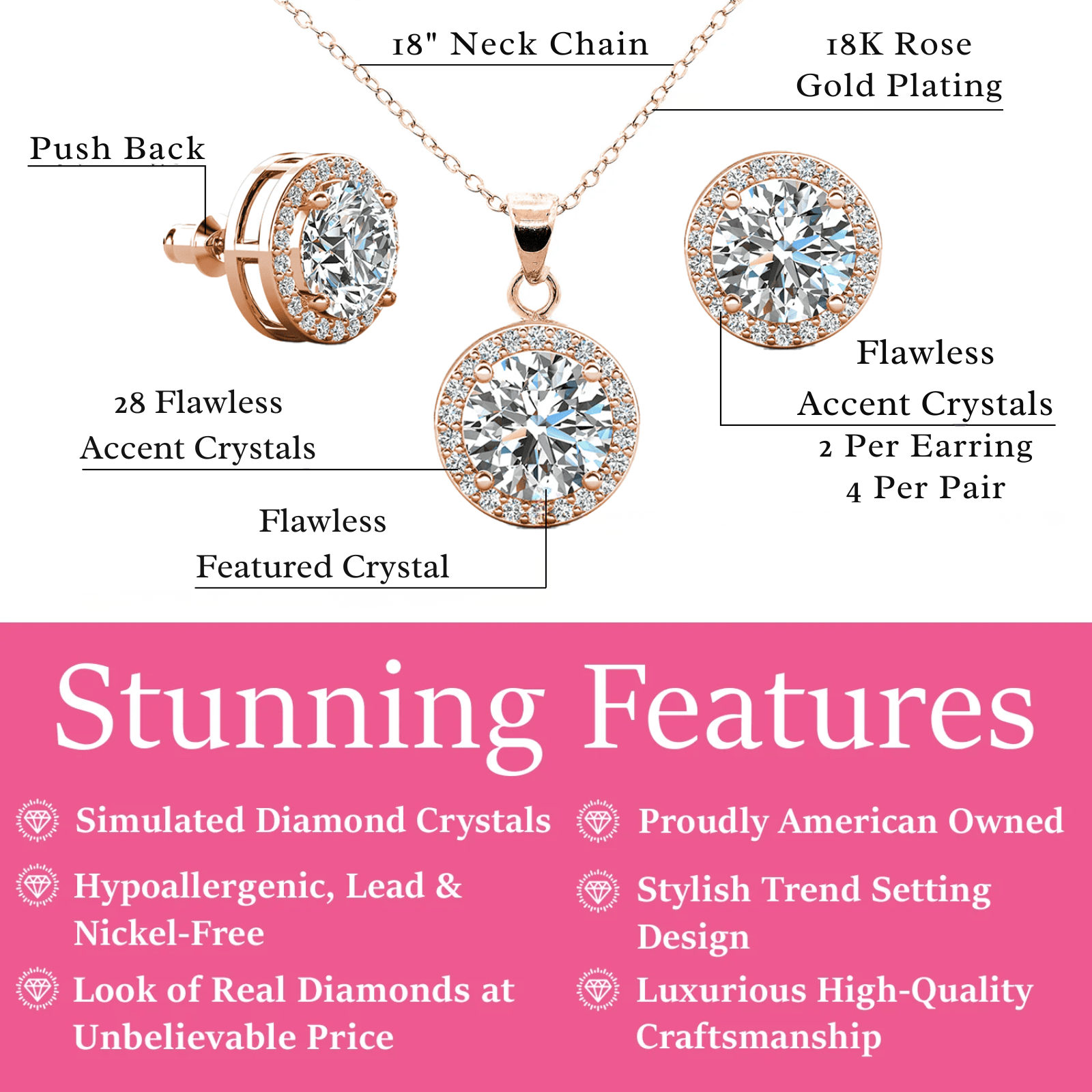 Blake 18k White Gold Plated Halo Stud Earrings and Necklace Jewelry Set with Simulated Diamond Crystals