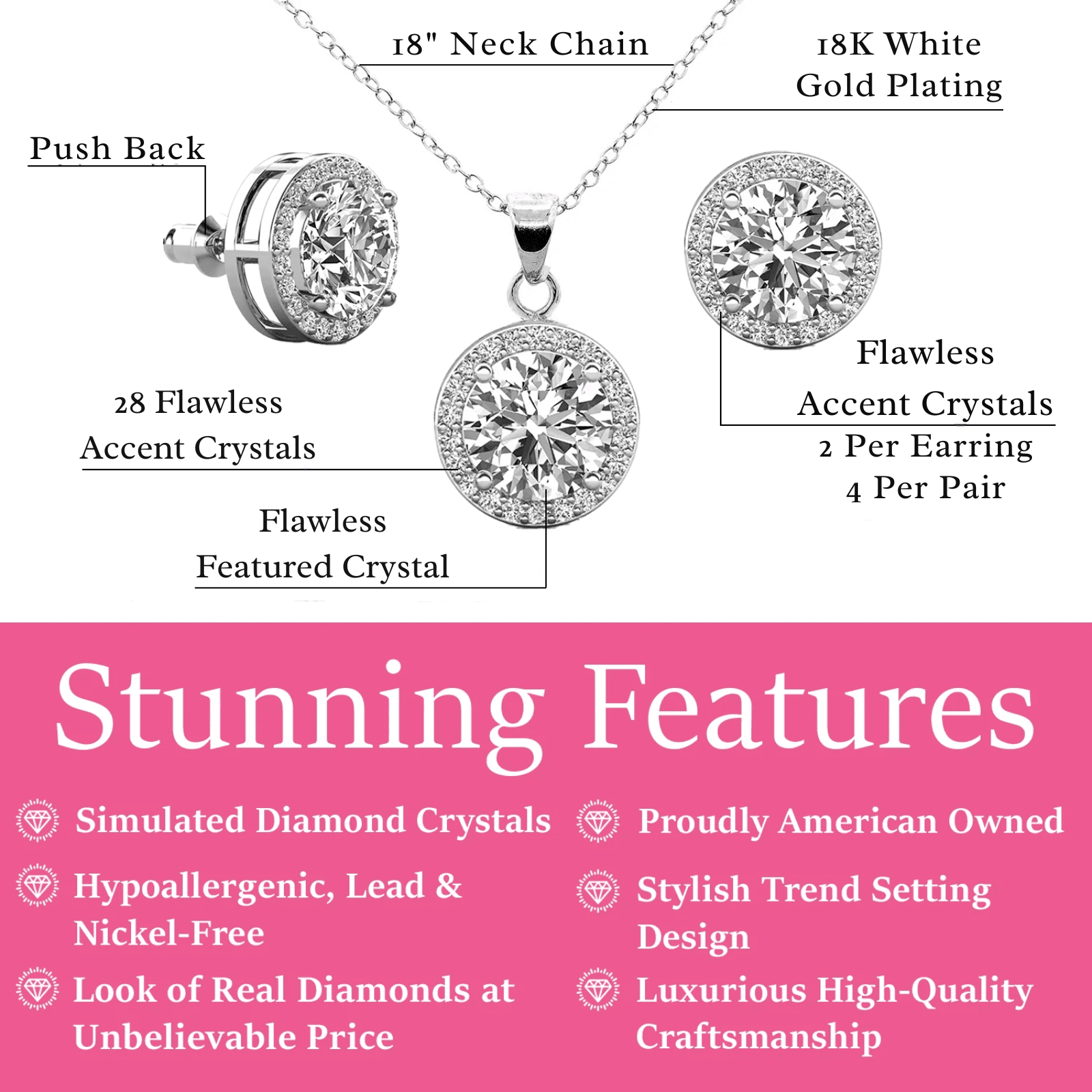 Blake 18k White Gold Plated Halo Stud Earrings and Necklace Jewelry Set with Simulated Diamond Crystals