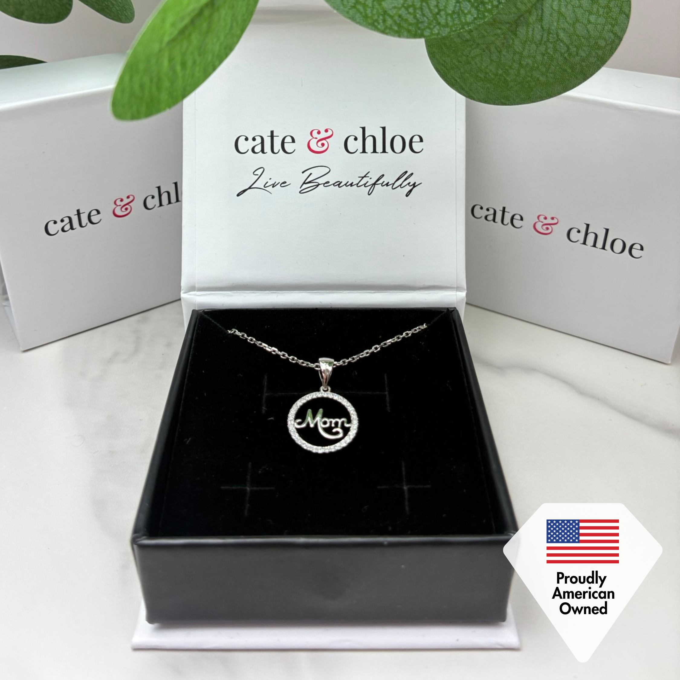 Brandy 18k White Gold Plated Circle Mom Necklace with Swarovski Crystals