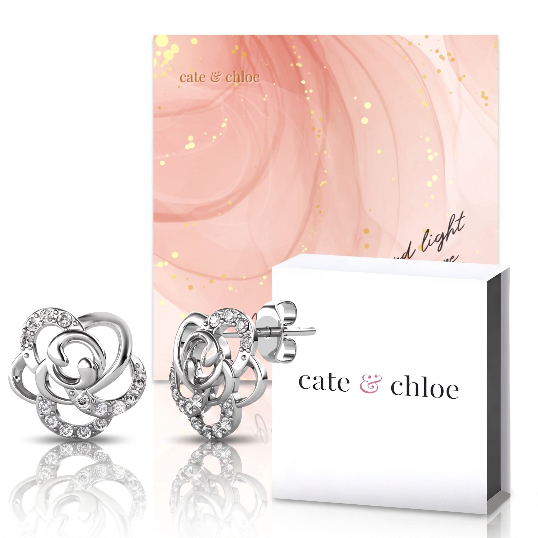 Briella 18k White Gold Plated Flower Stud Earrings & Kindness and Light Pink Paint Card