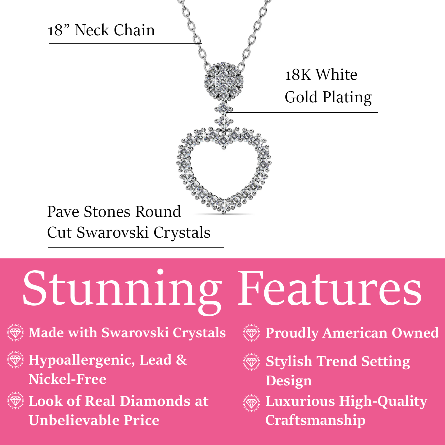 Brynn 18k White Gold Plated Heart Pendant Necklace with Swarovski Crystals - Fab Valentine's Flash Sale