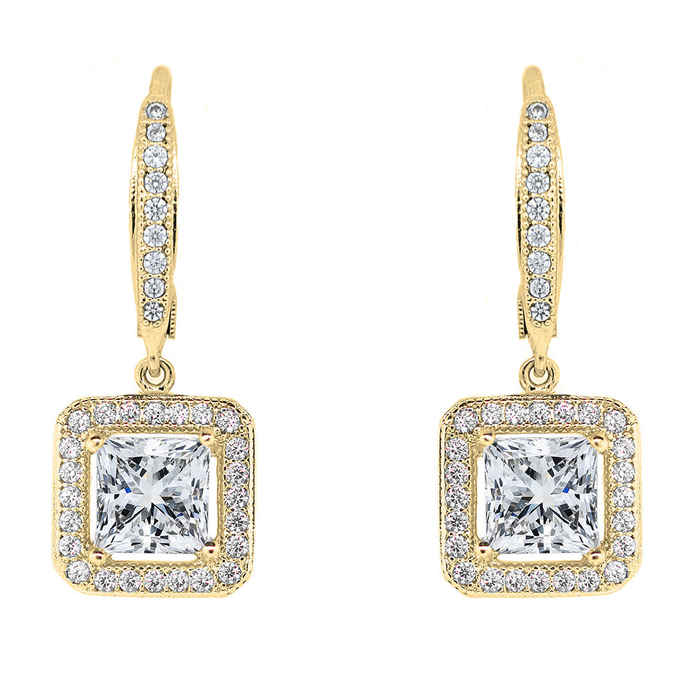 Ivy 18k White Gold Plated Halo Drop Earrings with Princess Cut Simulated Diamond Crystals