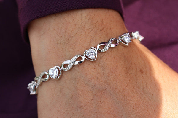 Amanda 18k White Gold Plated Infinity Heart Tennis Bracelet with Simulated Diamond Crystals