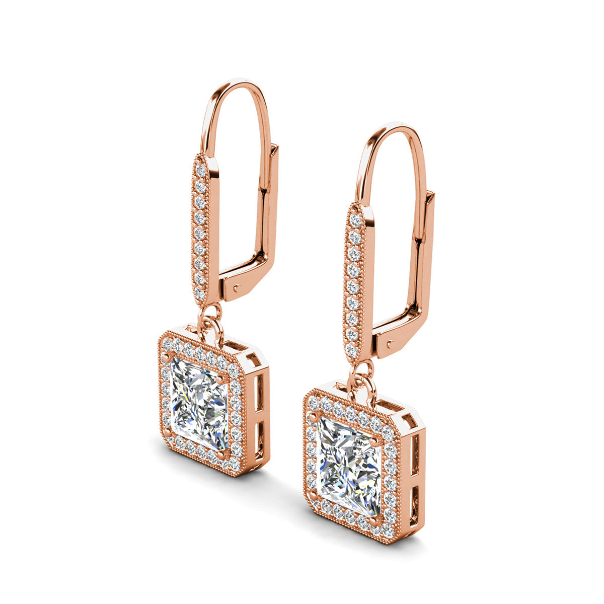 Ivy 18k White Gold Plated Halo Dangle Earrings with Princess Cut Simulated Diamond Crystals