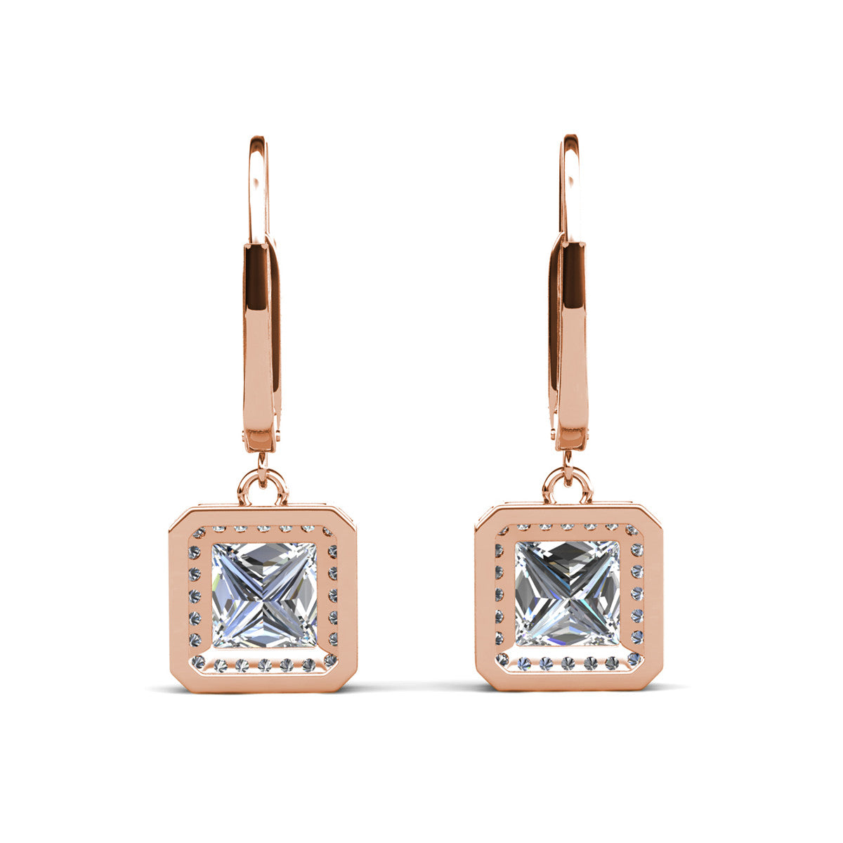 Ivy 18k White Gold Plated Halo Dangle Earrings with Princess Cut Simulated Diamond Crystals
