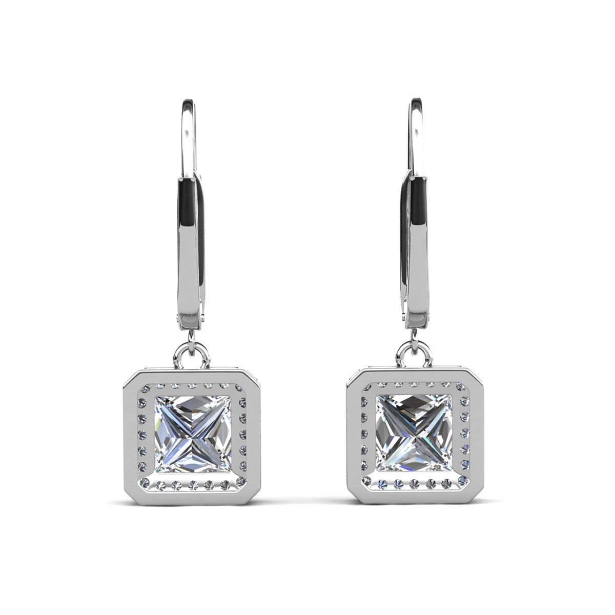 Ivy 18k White Gold Plated Halo Dangle Earrings with Princess Cut Simulated Diamond Crystals