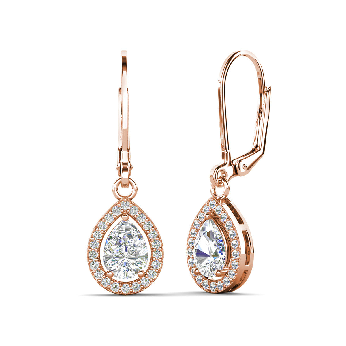 Izzy 18k White Gold Plated Halo Teardrop Dangle Earrings with Simulated Diamond Crystals