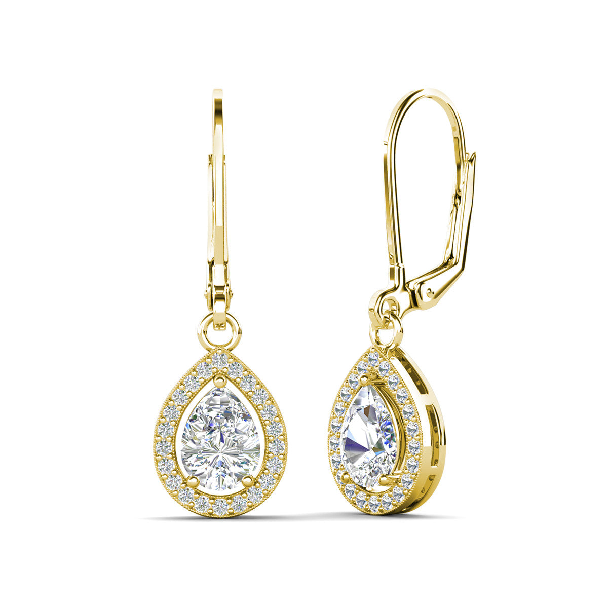 Izzy 18k White Gold Plated Halo Teardrop Dangle Earrings with Simulated Diamond Crystals