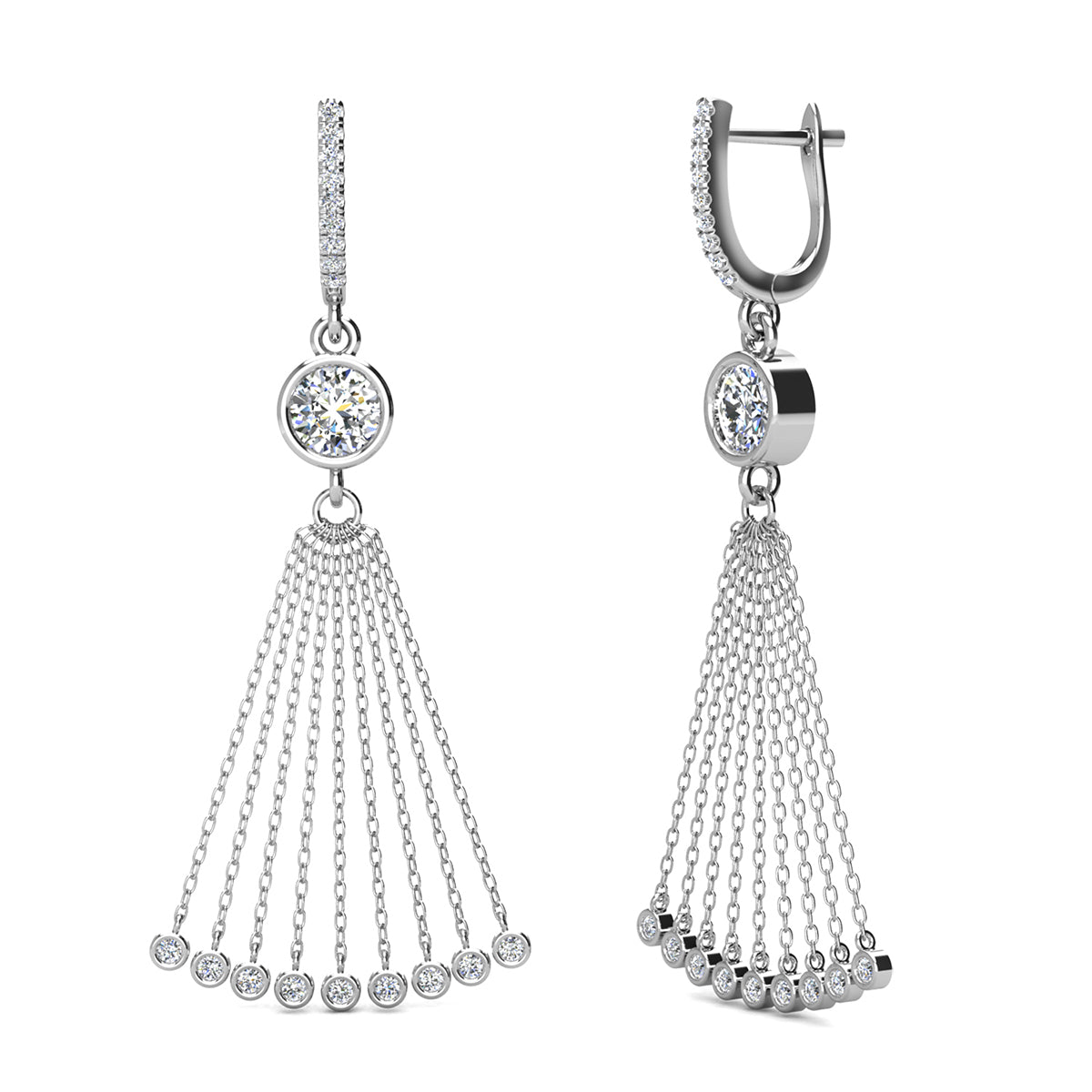 Jackie 18k White Gold Plated Dangle Tassel Earrings with Simulated Diamond Crystals
