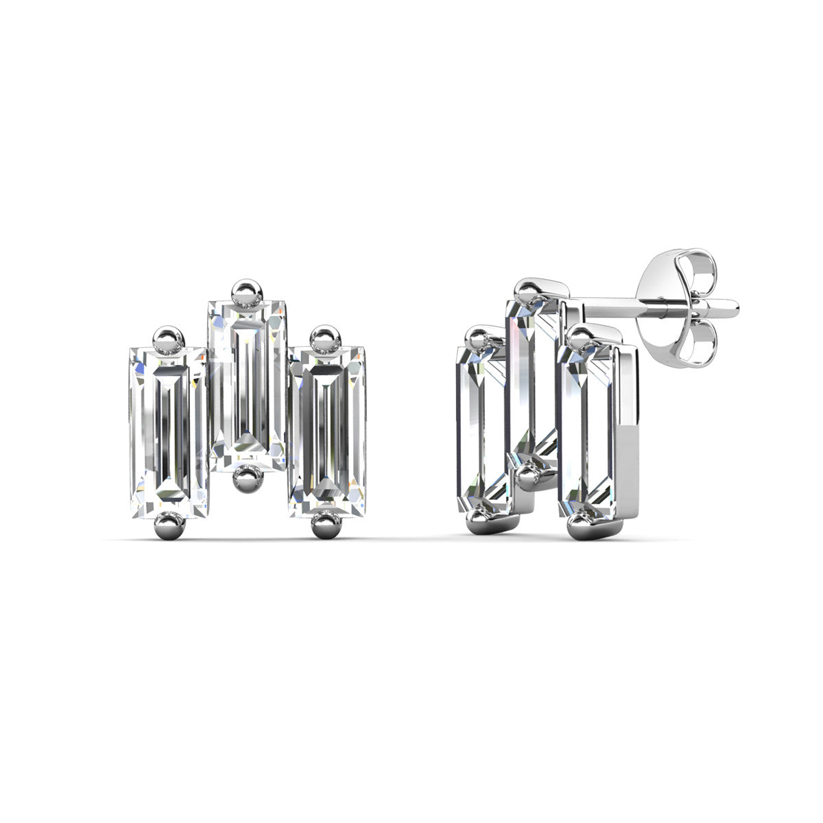 Jovie 18k White Gold Plated 3-Stone Emerald Cut Stud Earrings & To Bridesmaid Leaf Card