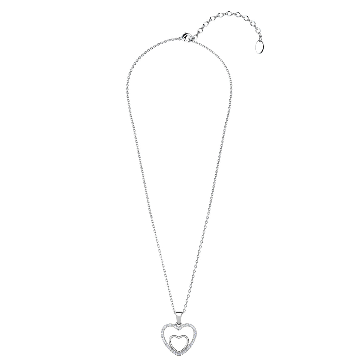 Amorette 18k White Gold Plated Double Heart Pendant Necklace with Pave Simulated Diamond Crystals