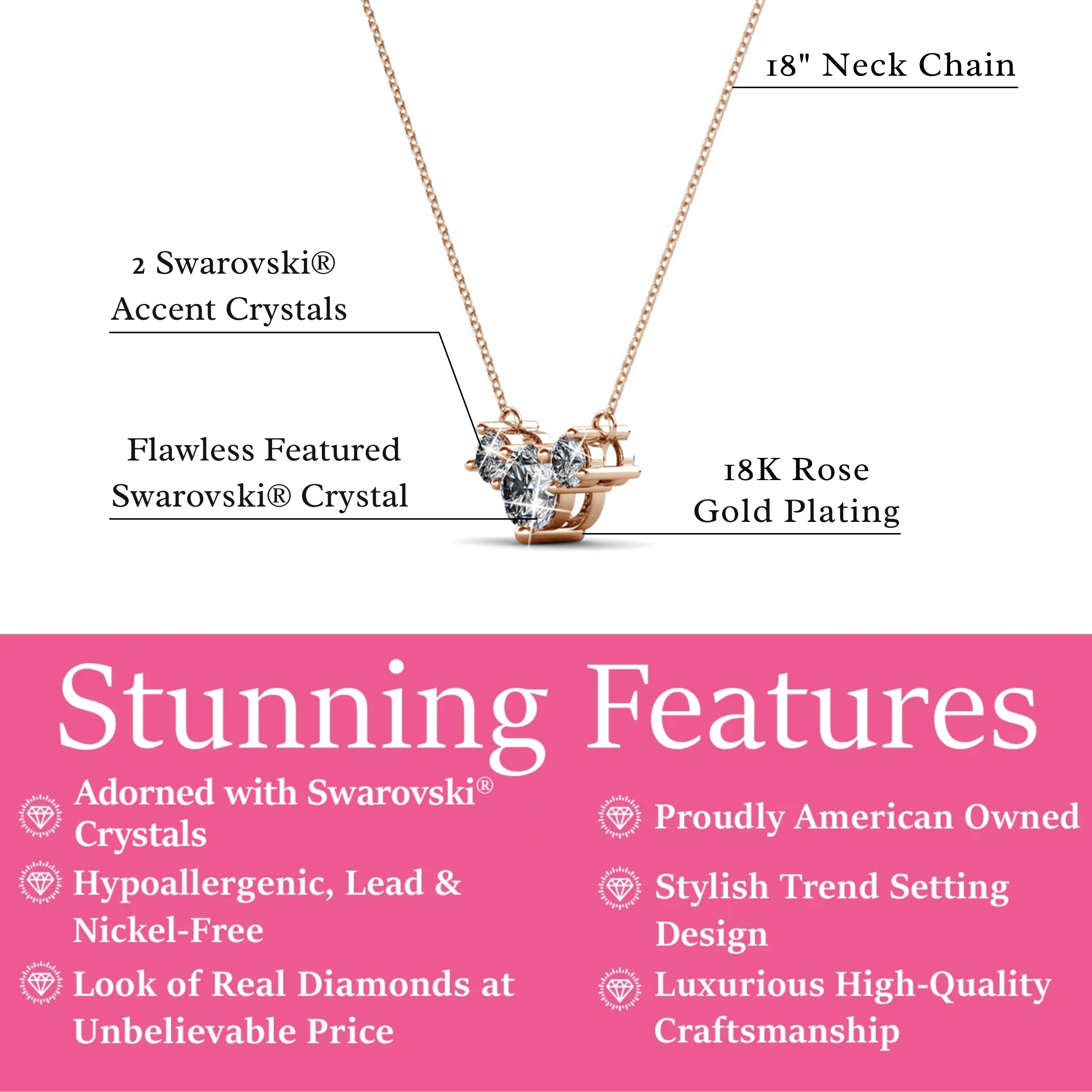 Calliope 18k White Gold Plated 3-Stone Pendant Necklace with Swarovski Crystals