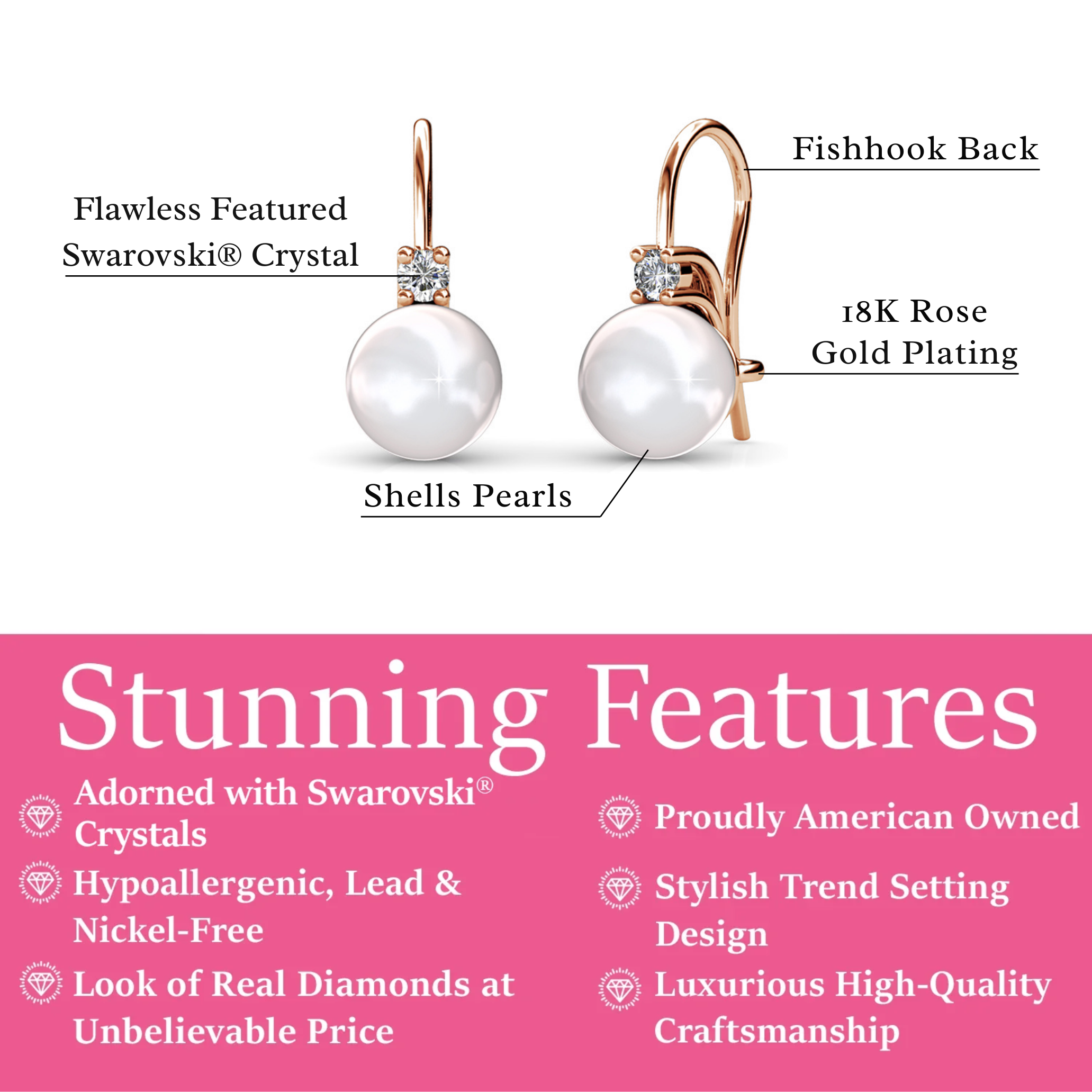Cassie 18k White Gold Plated Pearl Drop Earrings with Swarovski Crystals