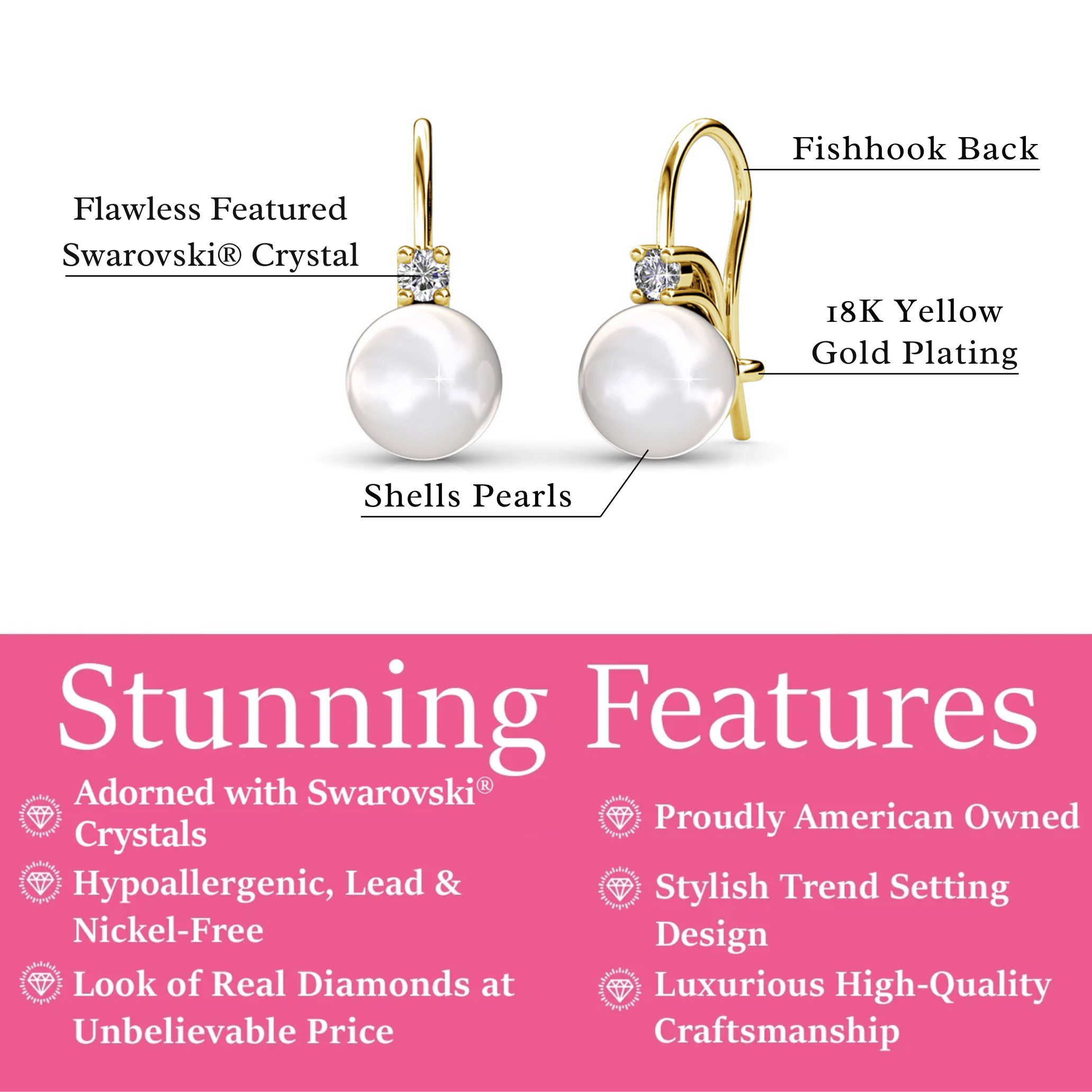 Cassie 18k White Gold Plated Pearl Drop Earrings with Swarovski Crystals