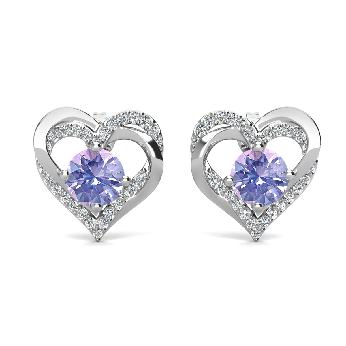 Forever 18k White Gold Plated Birthstone Double Heart Earrings with Crystals