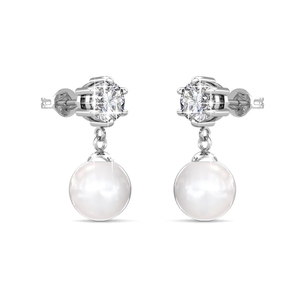 June 18k White Gold Plated Pearl Drop Earrings with Swarovski Crystals
