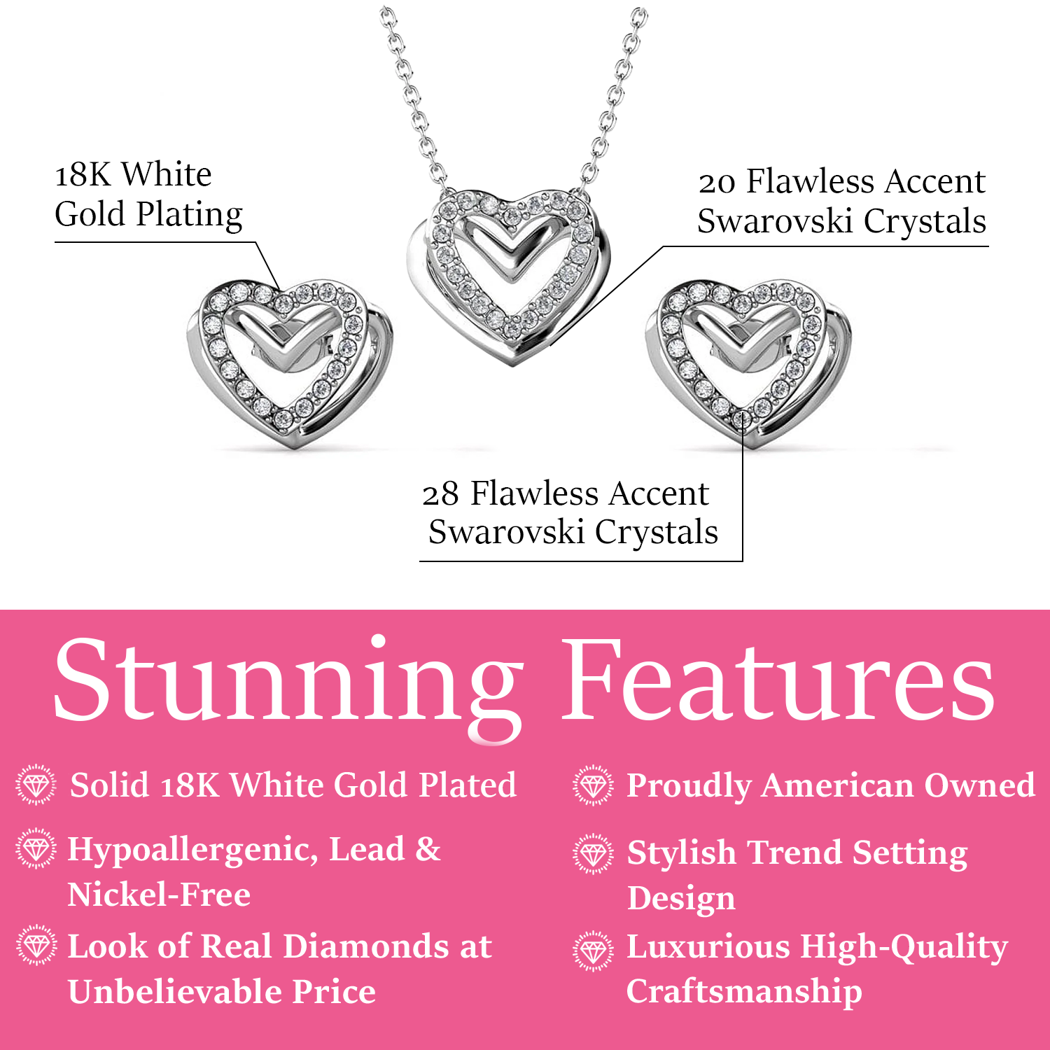 Cathy 18k White Gold Heart Necklace and Stud Earrings Jewelry Set with Crystals