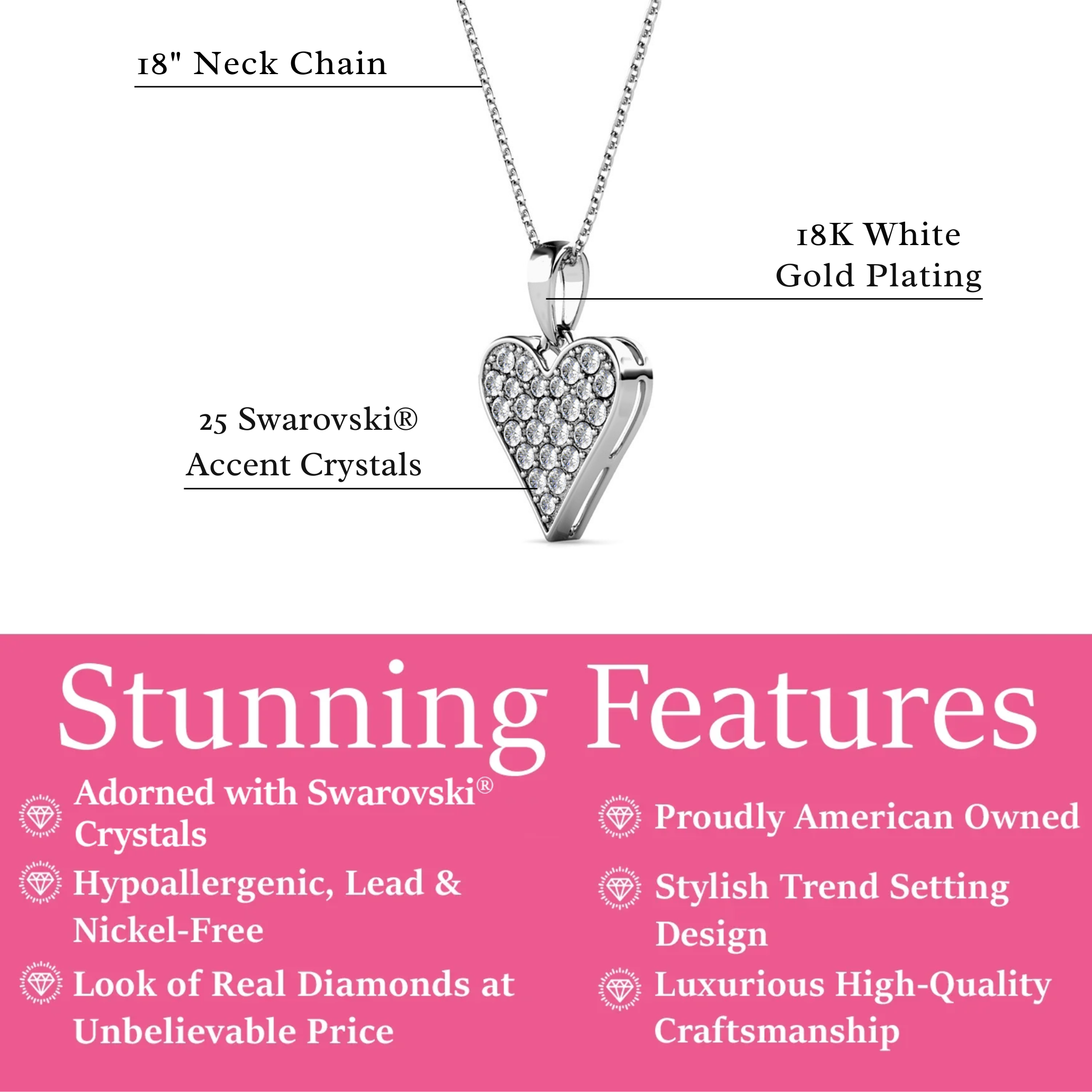 Cecilia 18k White Gold Plated Heart Pendant Necklace with Swarovski Crystals