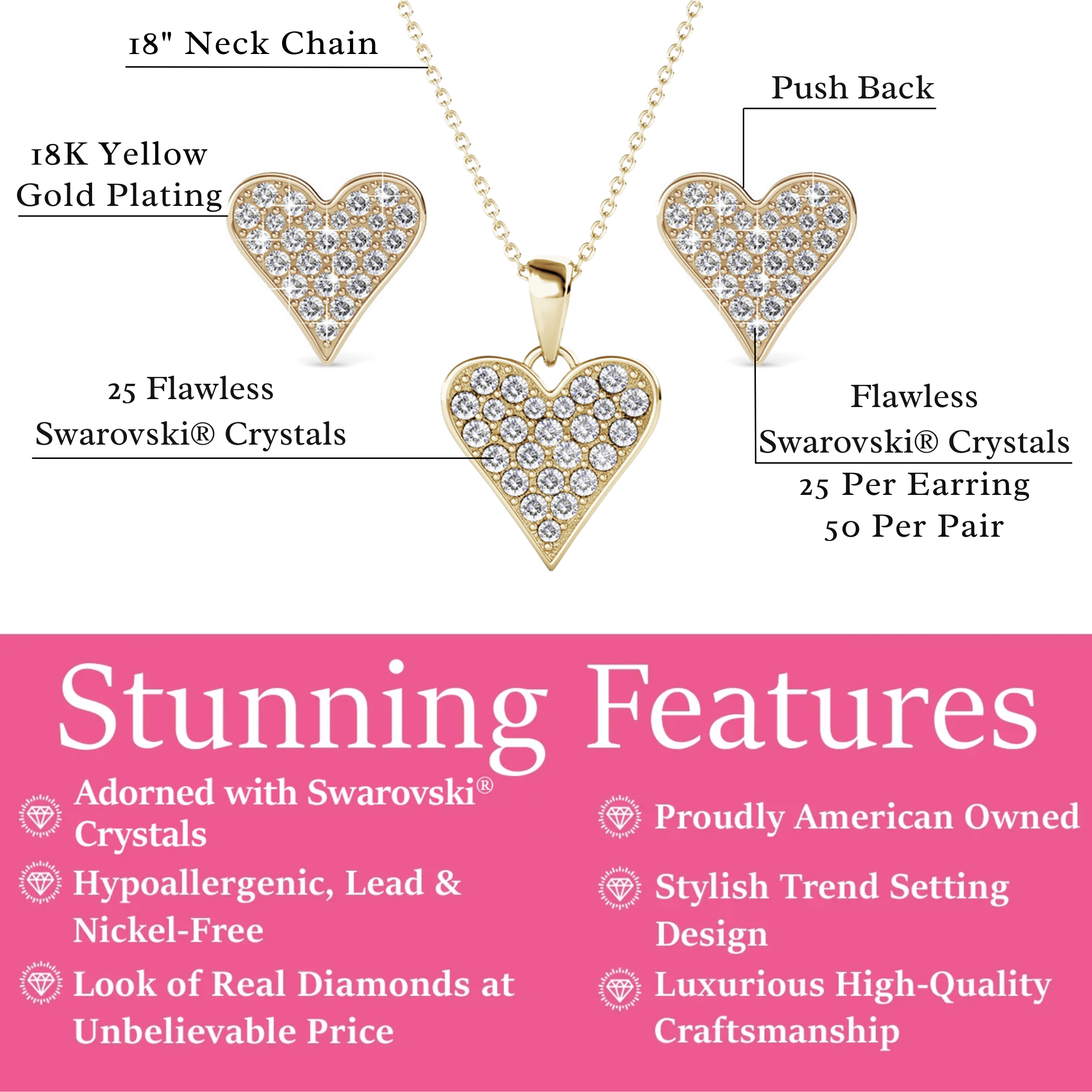 Cecilia 18k White Gold Heart Necklace and Stud Earrings Jewelry Set with Crystals