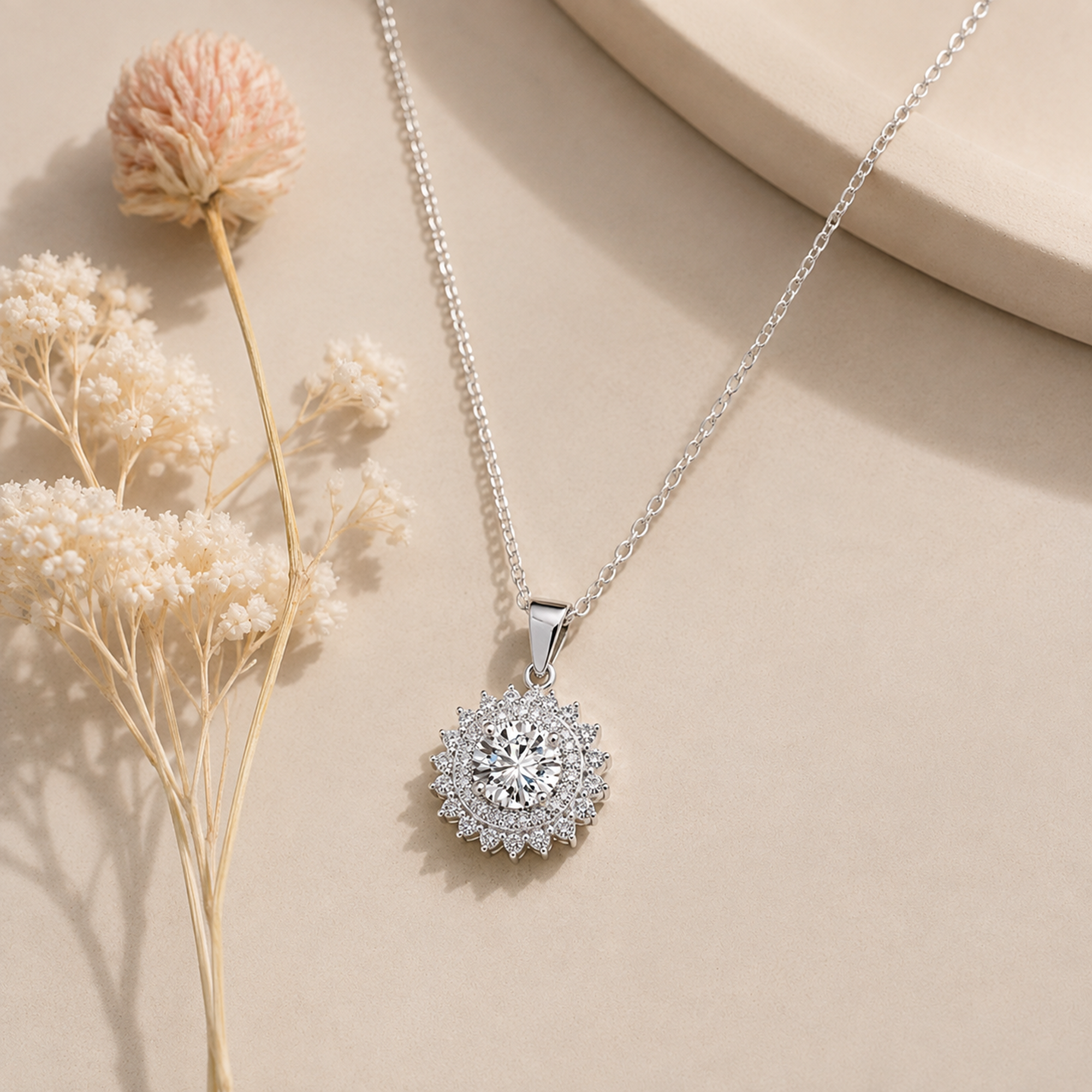 Cordelia 18k White Gold Plated Silver Pendant Necklace with Simulated Diamond Crystals - FAB FAV