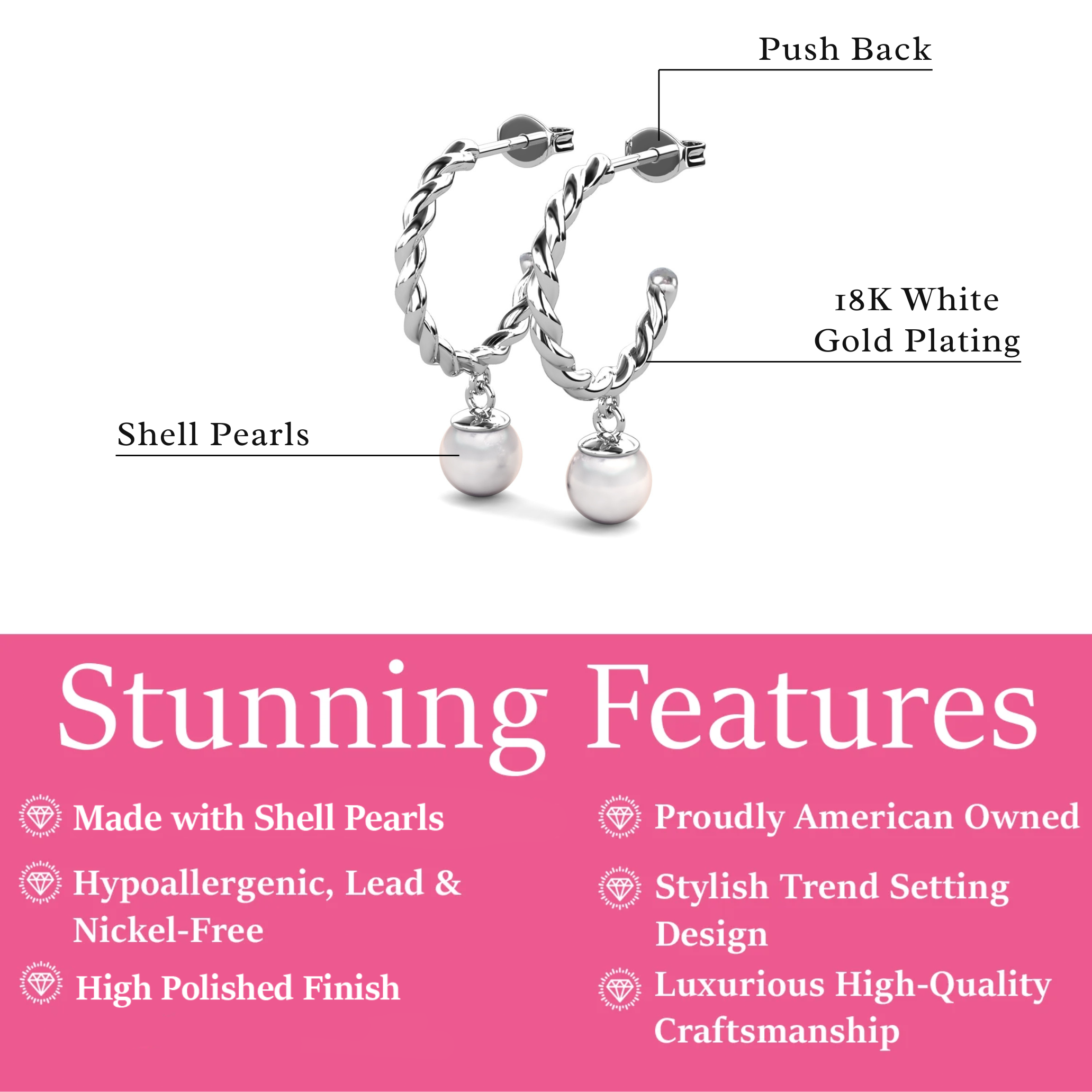 Cheyanne 18k White Gold Plated 16mm Twisted Half Hoop Drop Pearl Earrings