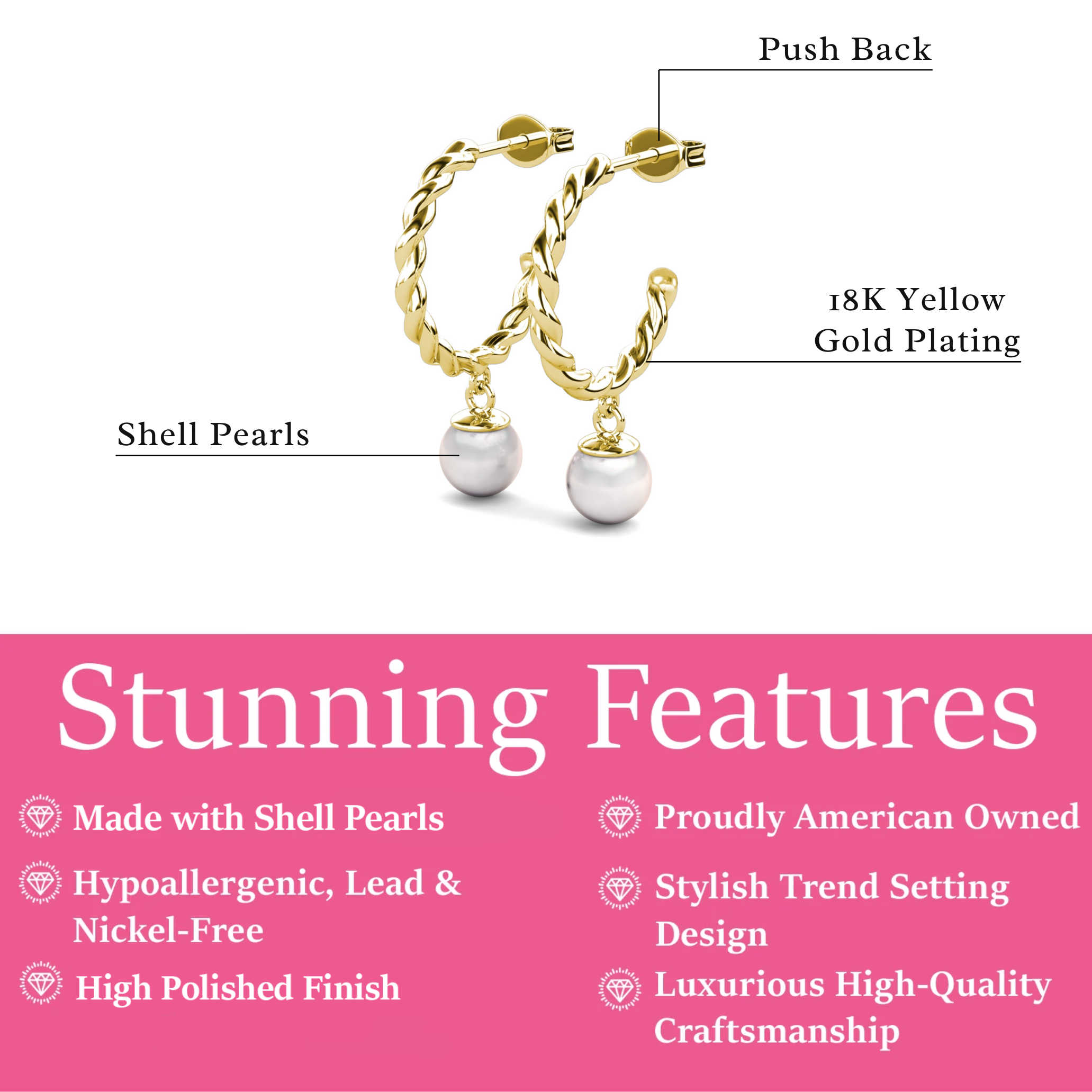 Cheyanne 18k White Gold Plated 16mm Twisted Half Hoop Drop Pearl Earrings